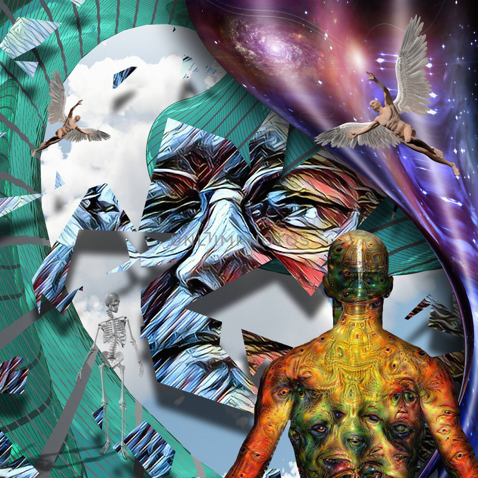 Surrealism. Mans face in glasses. Man with wings represents angel. Man with weird demonic eyes on skin. Warped space. 3D rendering