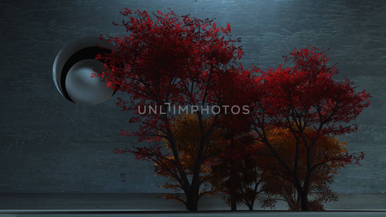 Red trees in cold industrial space. 3D rendering