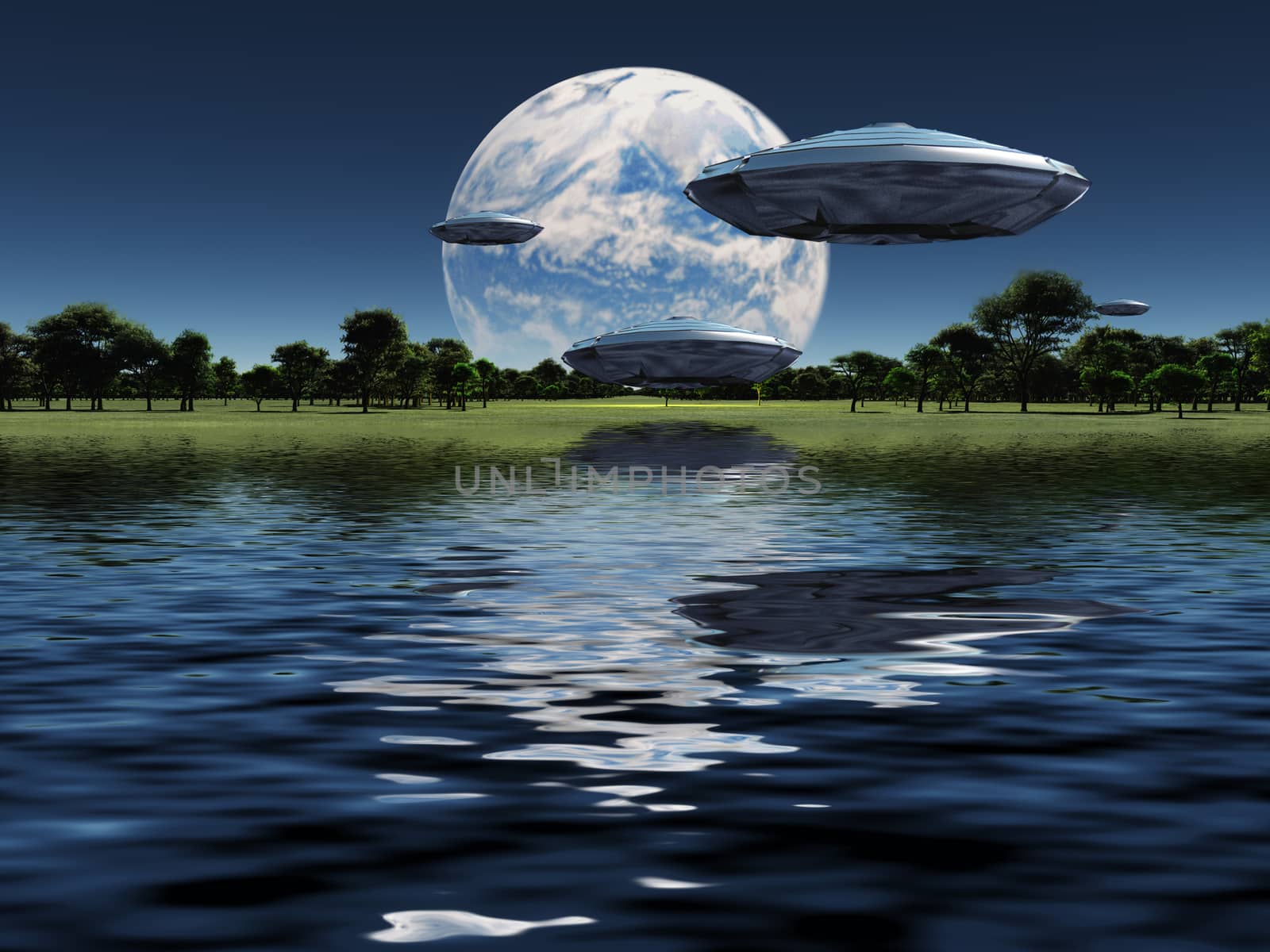Spacecrafts flies over water surface. Full moon in the sky. 3D rendering