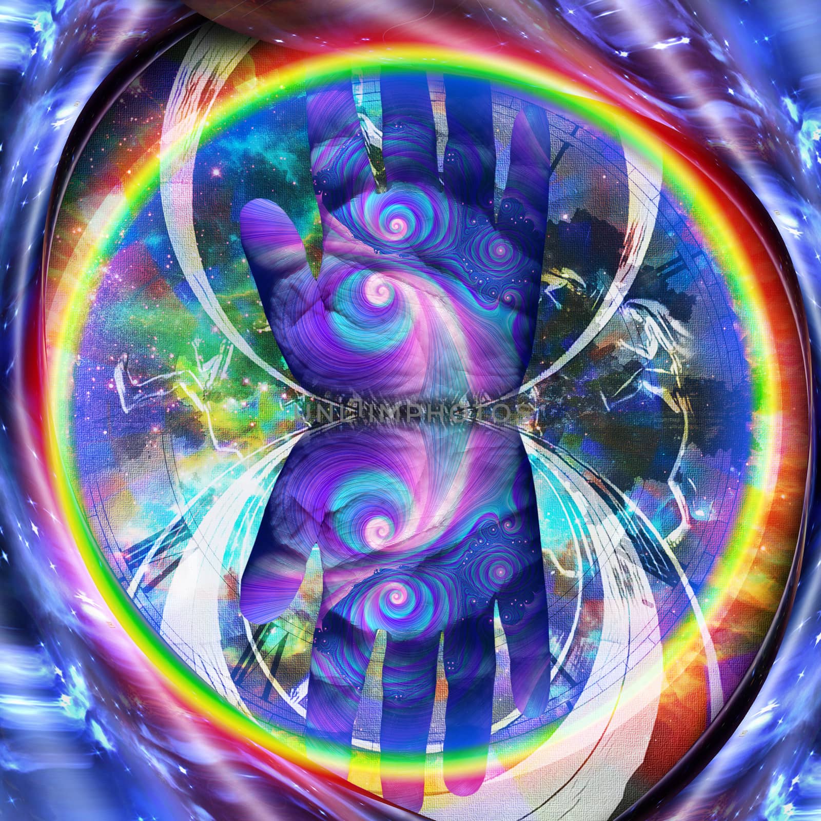 Colorful human palm. Mirrored round fractal with figure of running man on backgroundMoment of creation