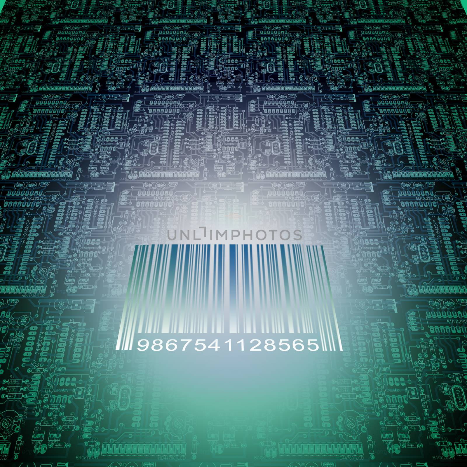 Barcode and electronic board. 3D rendering
