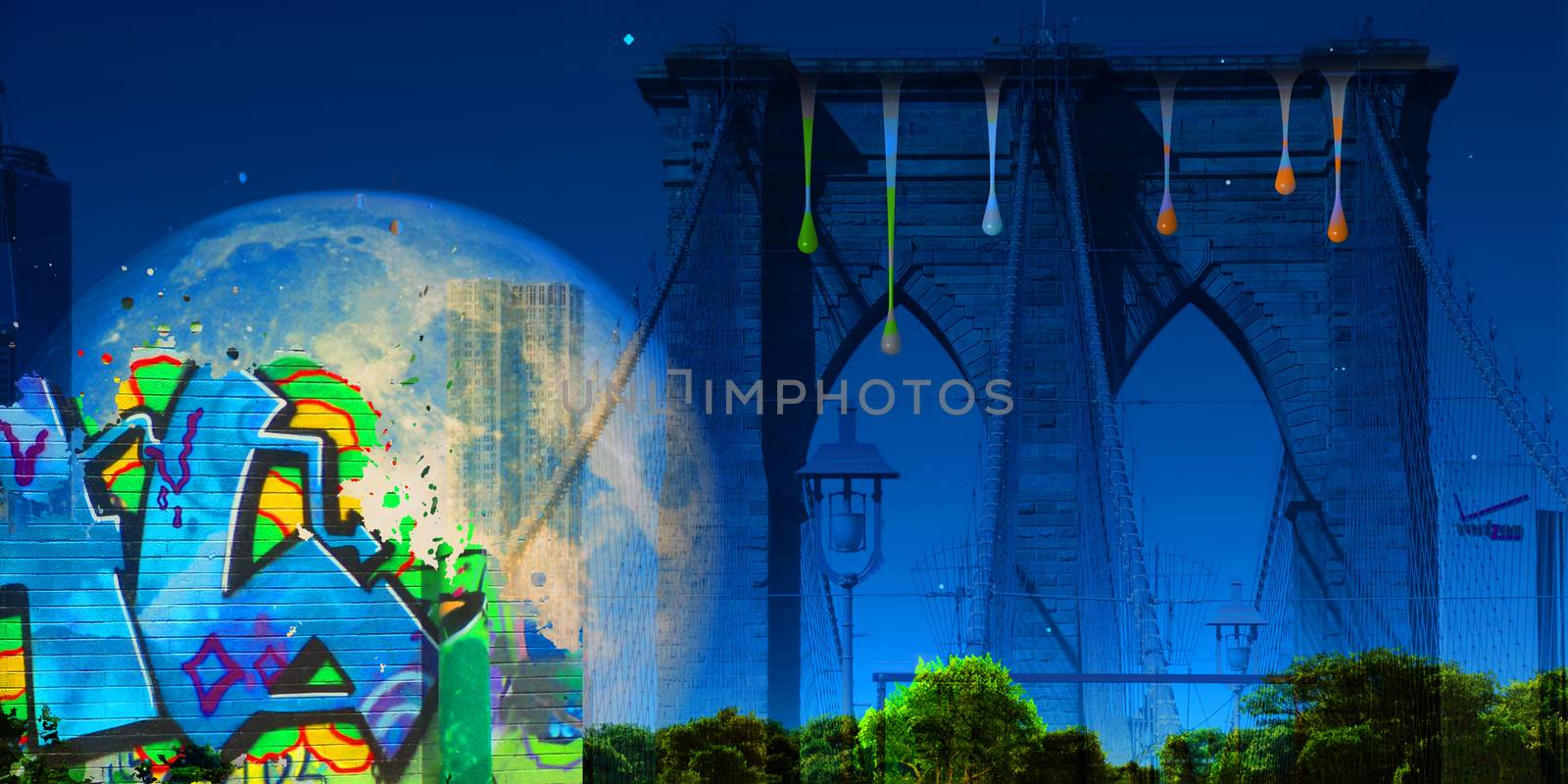 Surreal digital art. Brooklyn bridge on New York's cityscape. Giant moon, pieces of graffiti and paint drops. 3D rendering
