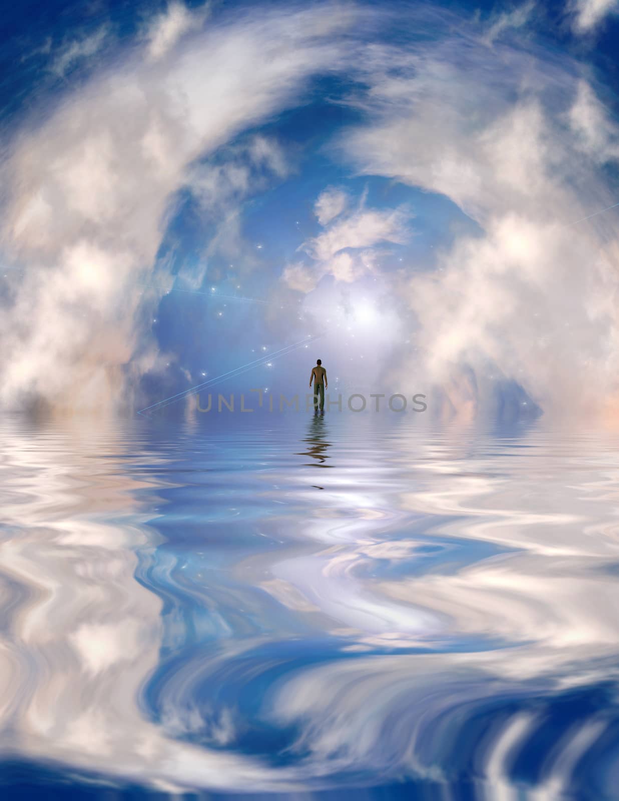 Man in distance walks on water. 3D rendering