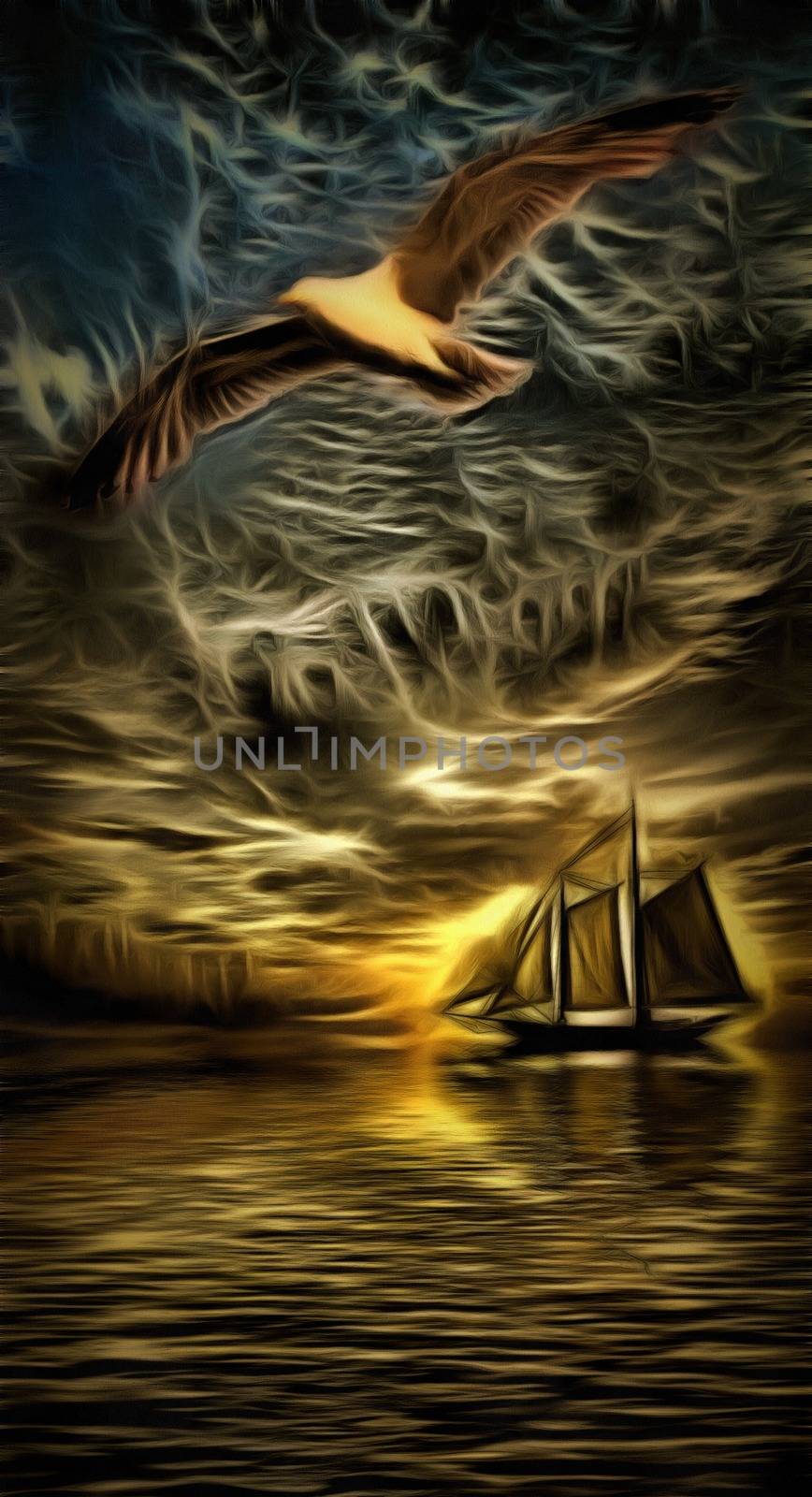 Oil painting. Thunderbird in the sky. Sailing ship. 3D rendering