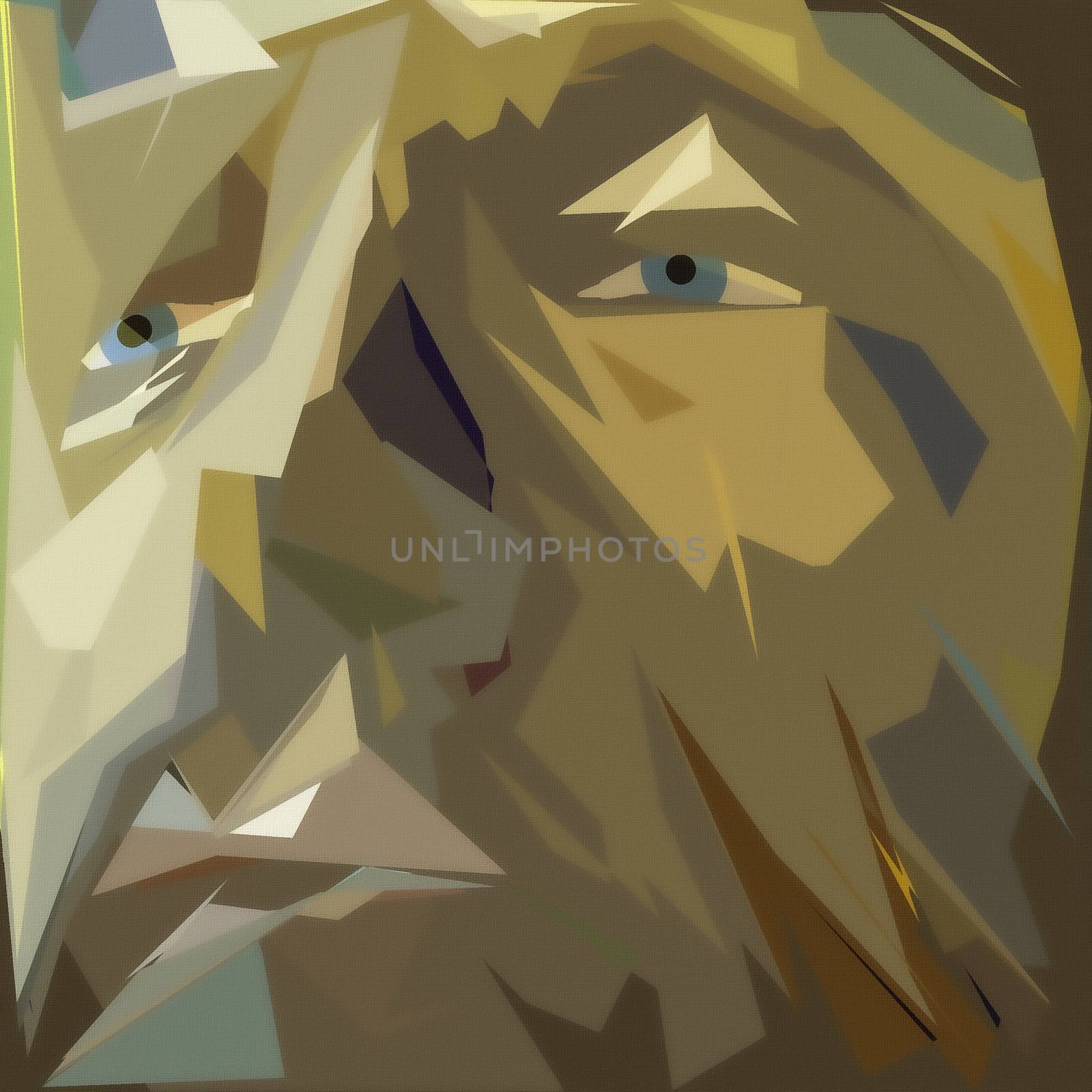 Abstract painting. Man face in muted green colors. 3D rendering