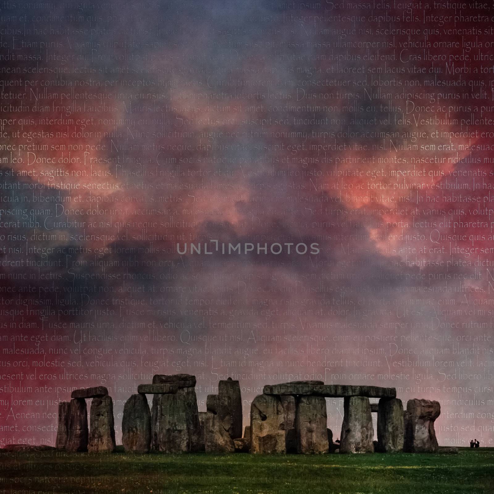 Mystic Stonehenge under red clouds. 3D rendering