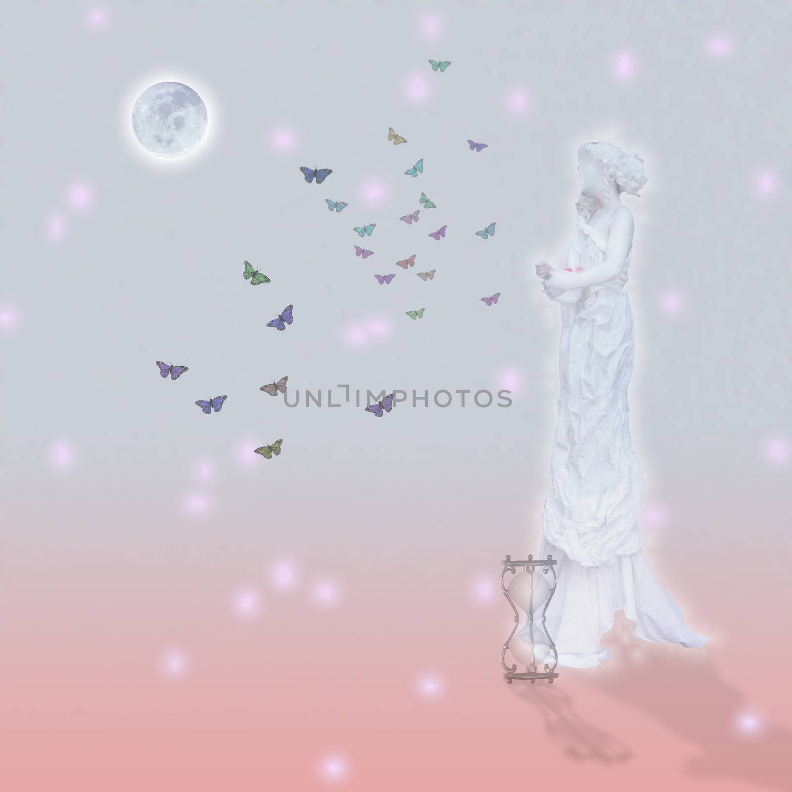 Woman`s marble statue and butterflies. Glowing moon and hourglass. 3D rendering