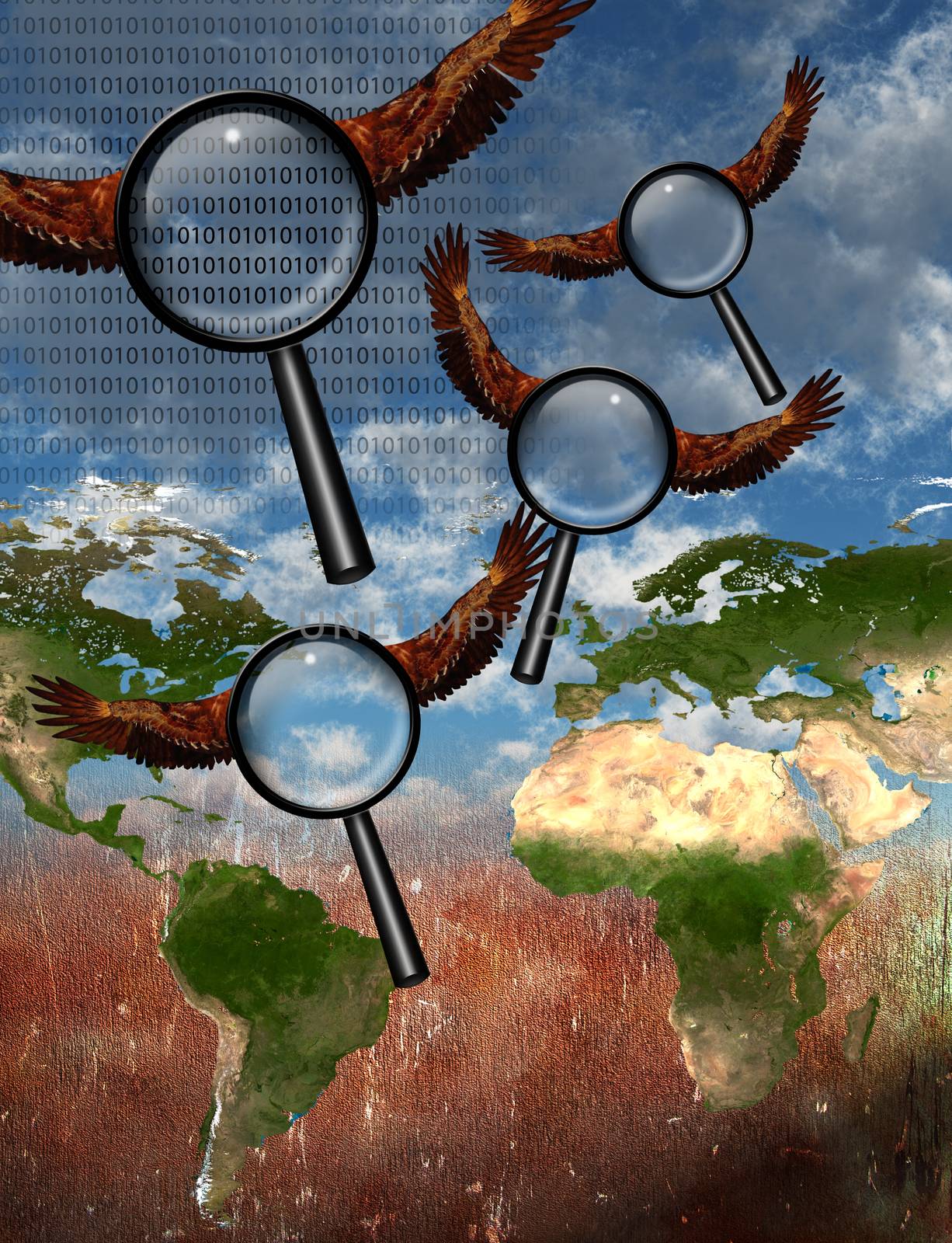 Internet search. Winged magnifying glasses flies over the Earth. 3D rendering