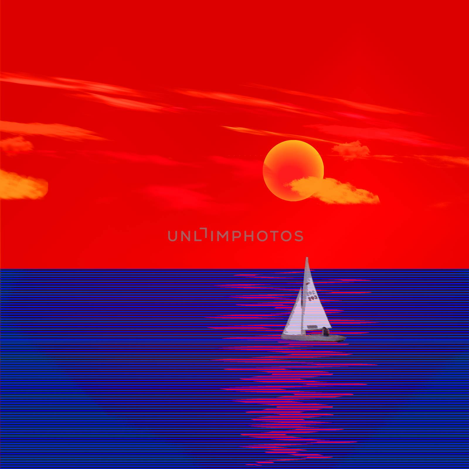 Sailboat at sunset. 3D rendering