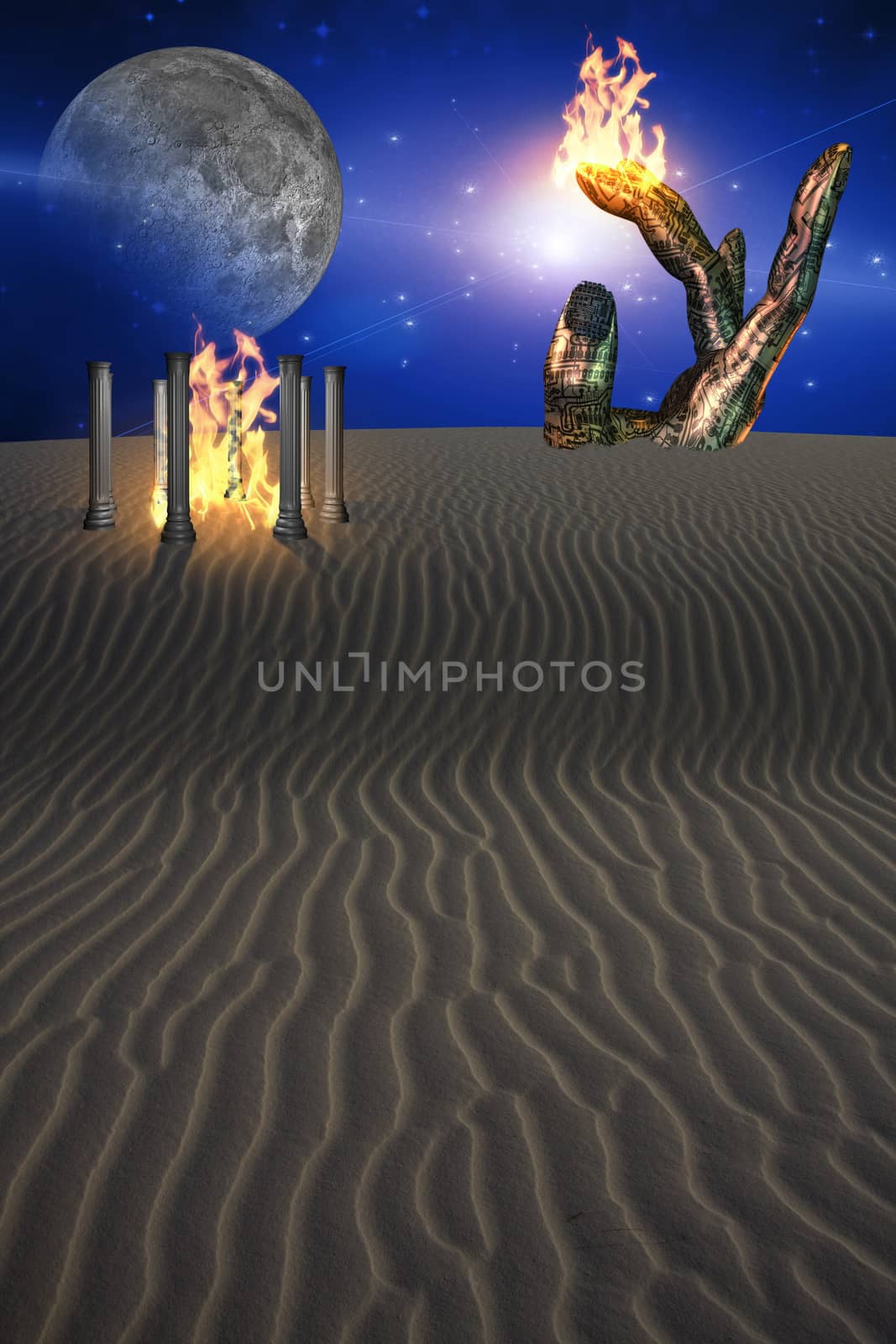 Sculpted Hand Points Toward the Heavens While Fire Burns. 3D rendering