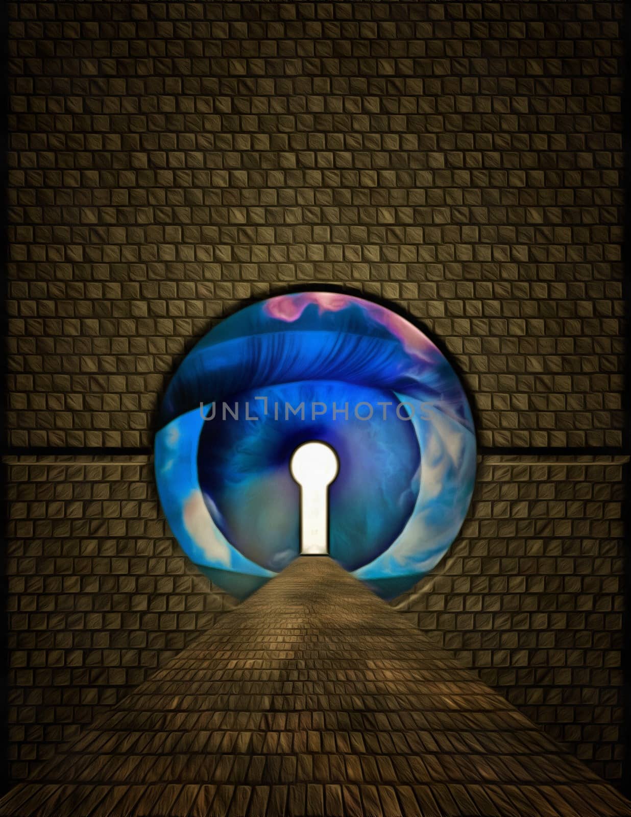 Large Eye Keyhole in Brick Wall. 3D rendering