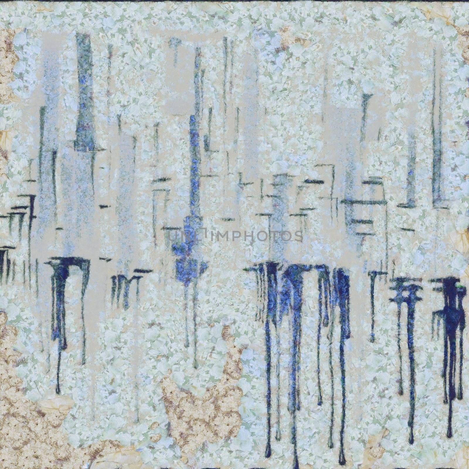 Abstract painting. City shapes drips down. 3D rendering