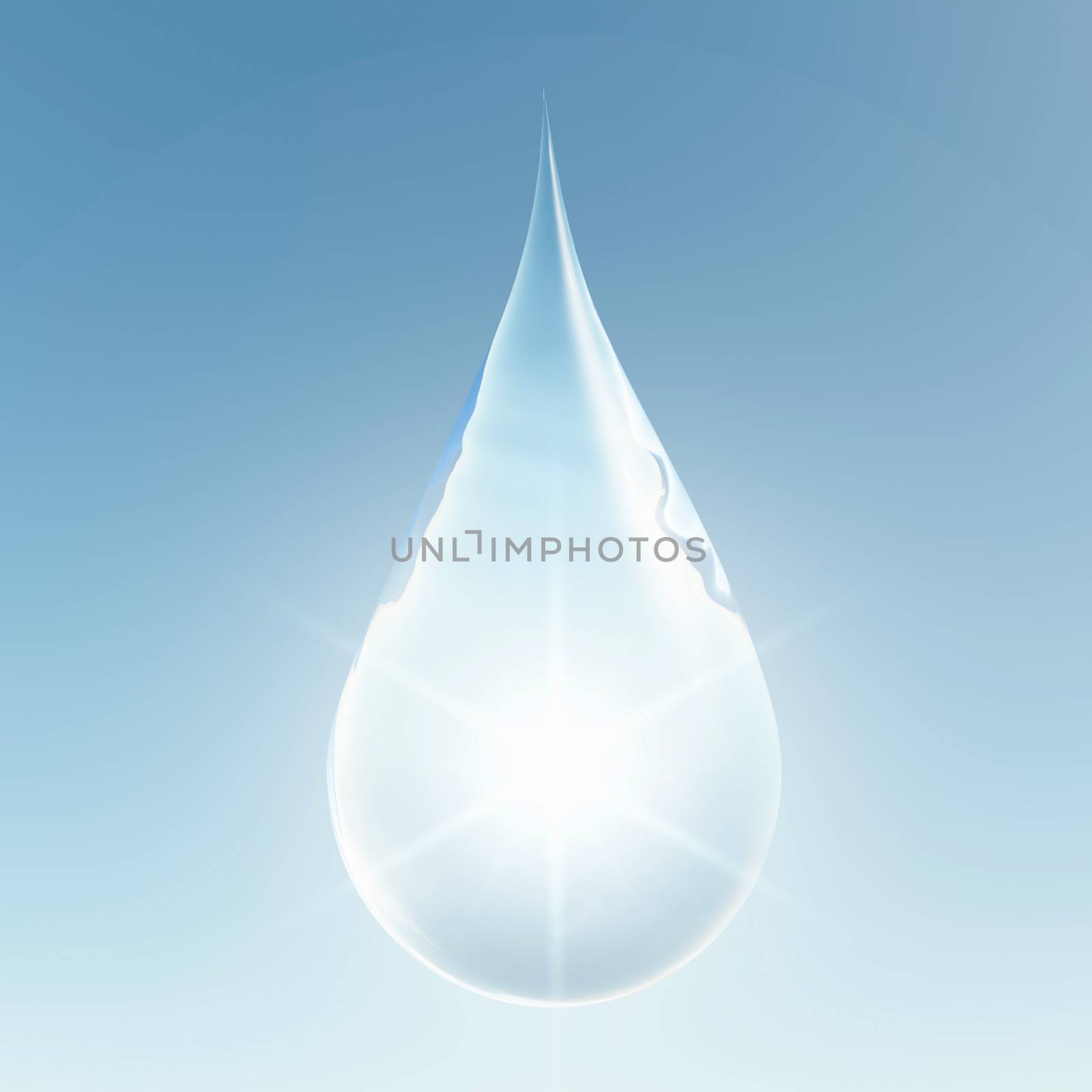 Clean droplet illuminated by bright light. 3D rendering