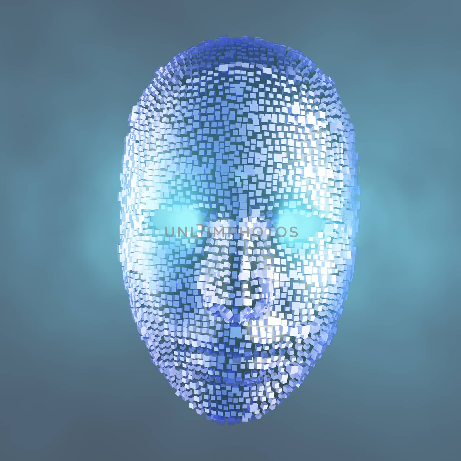 Face composed of many silvery blocks. Digitized spirit. 3D rendering