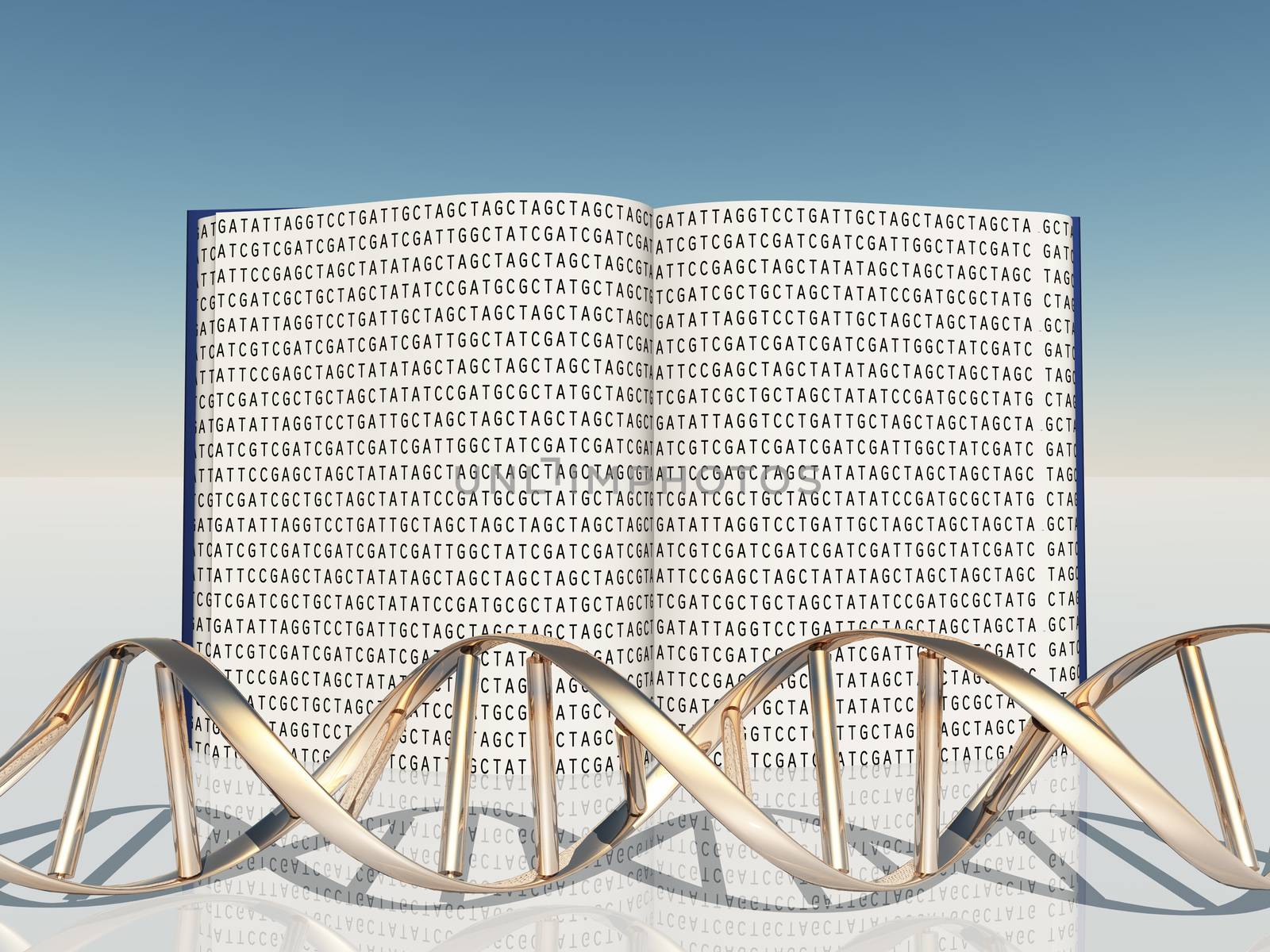 Book with Gentic Code and Strand of DNA. 3D rendering