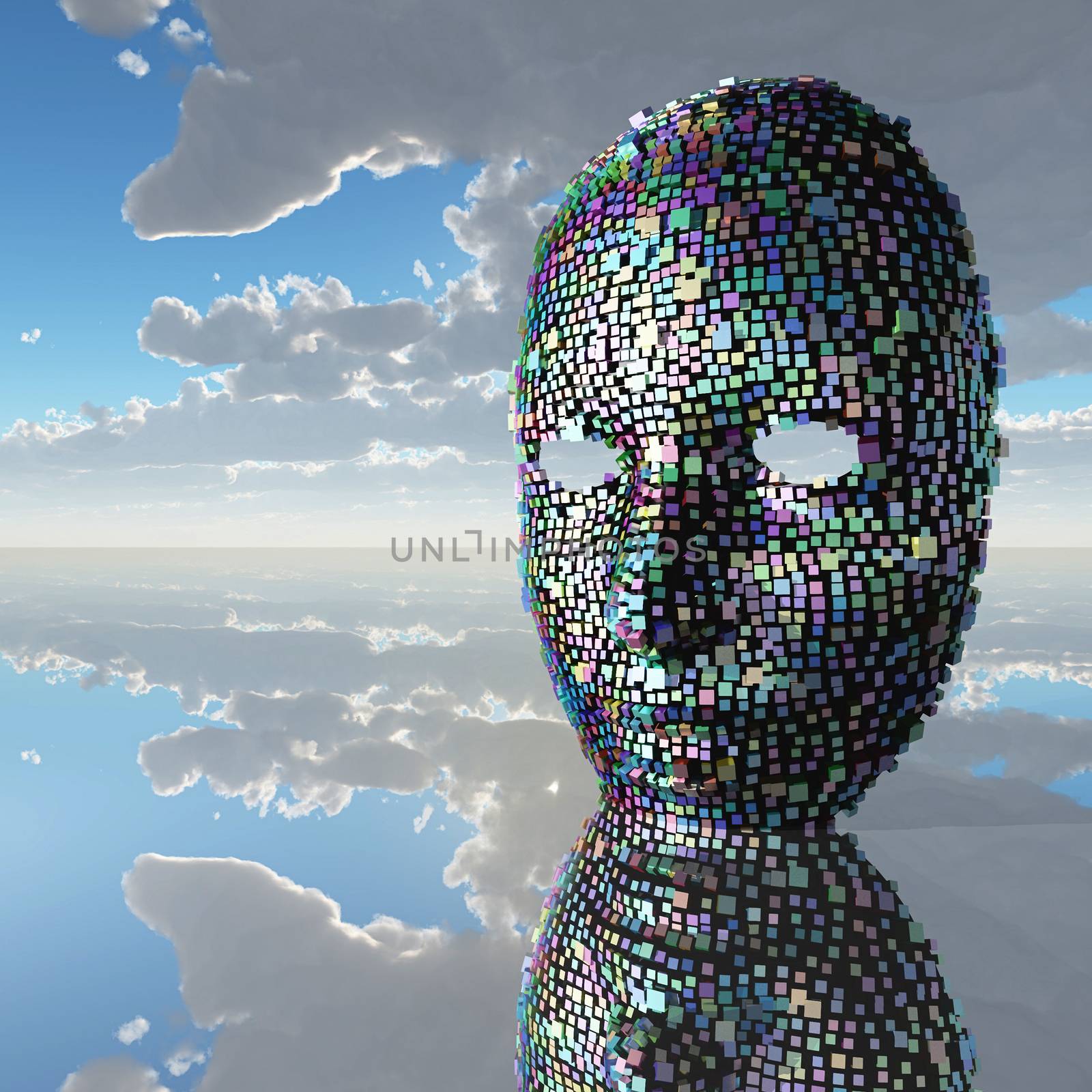 Fantastic face and reflective surface in the sky. 3D rendering