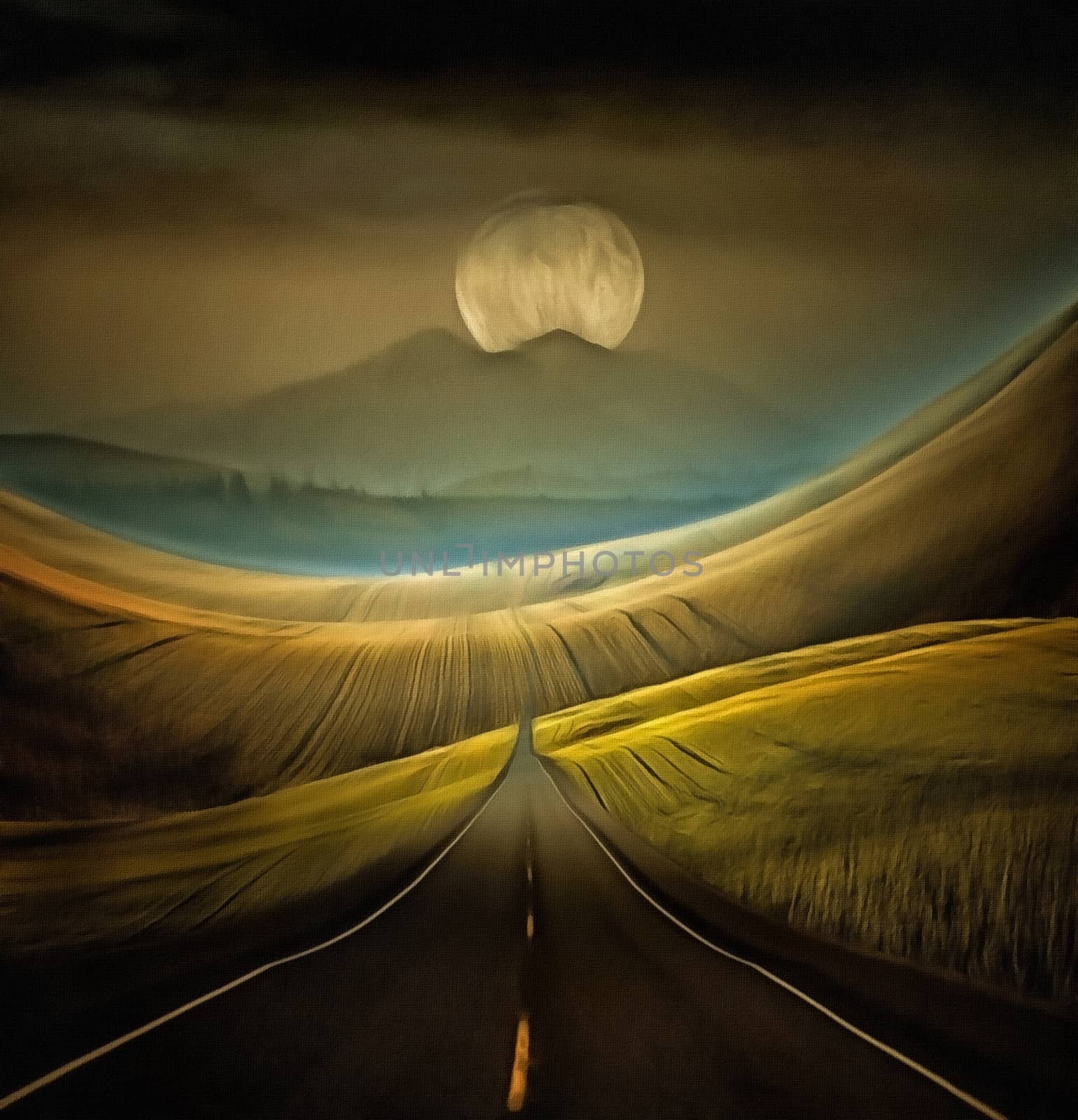 Surreal digital art. Highway in the field. Mountains and big moon at the horizon. 3D rendering