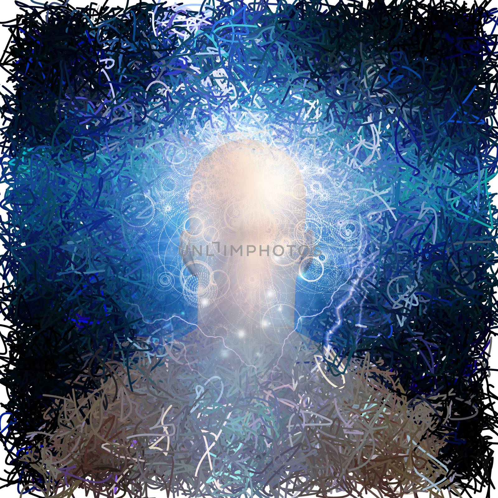 Surreal digital art. Mans head with stars, lightnings and clouds. Its made of Stars. 3D rendering