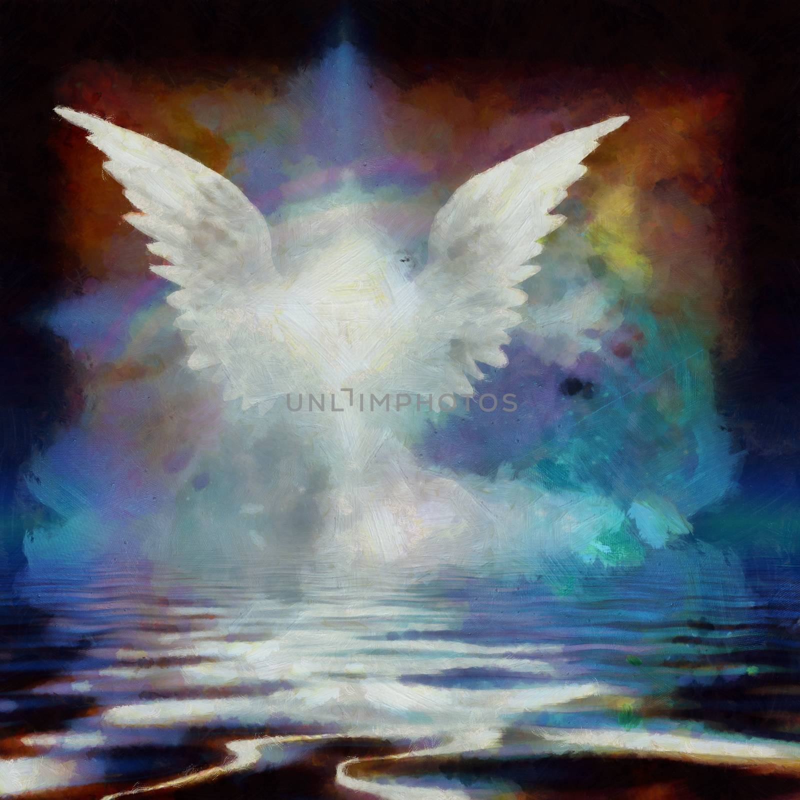 Wings over water. Digital painting. 3D rendering