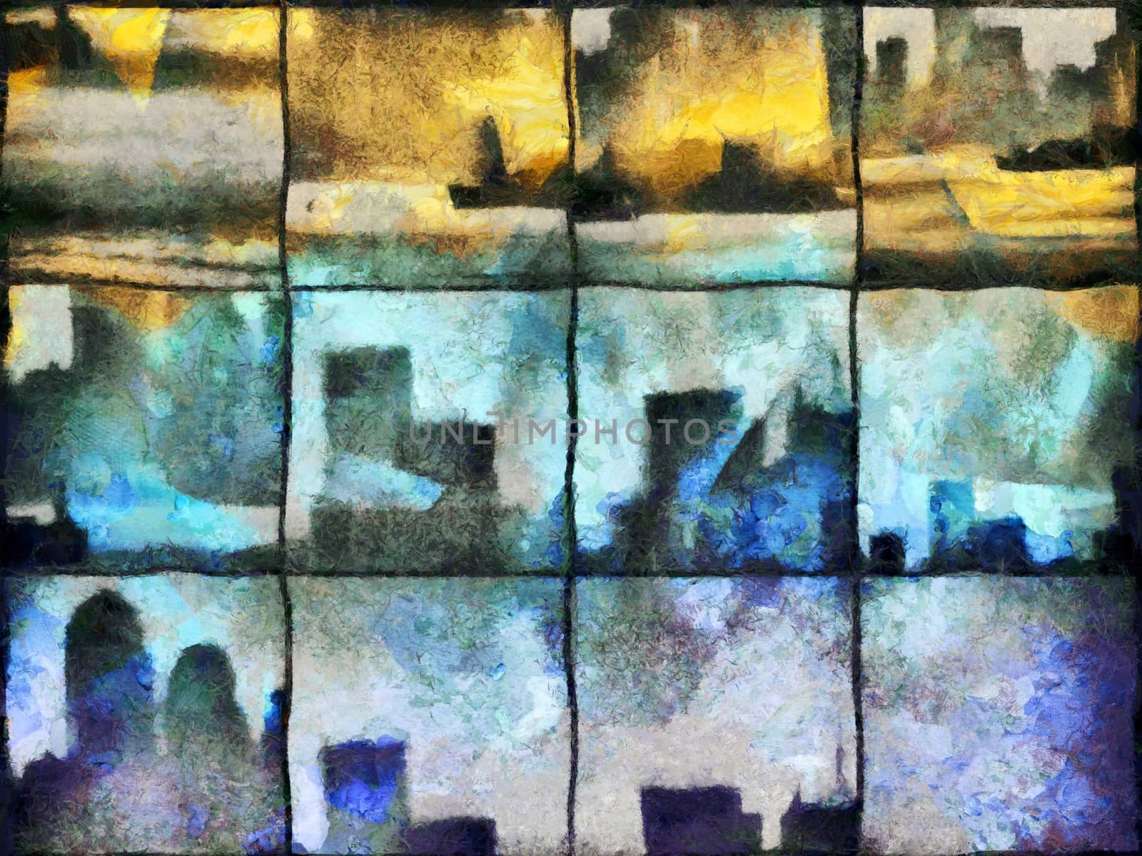 Abstract painting. Urban silhouettes on square mosaic pattern. 3D rendering