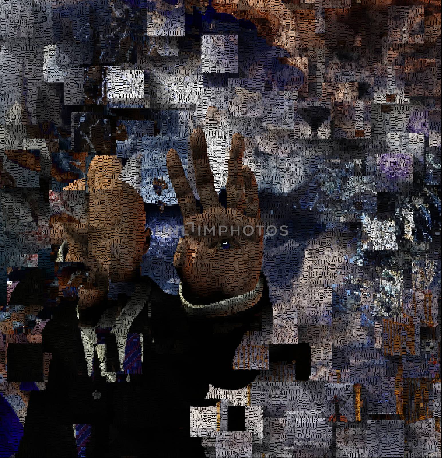 Surreal digital art. Faceless man in suit with eye on his palm. Picture is composed entirely of the words. 3D rendering