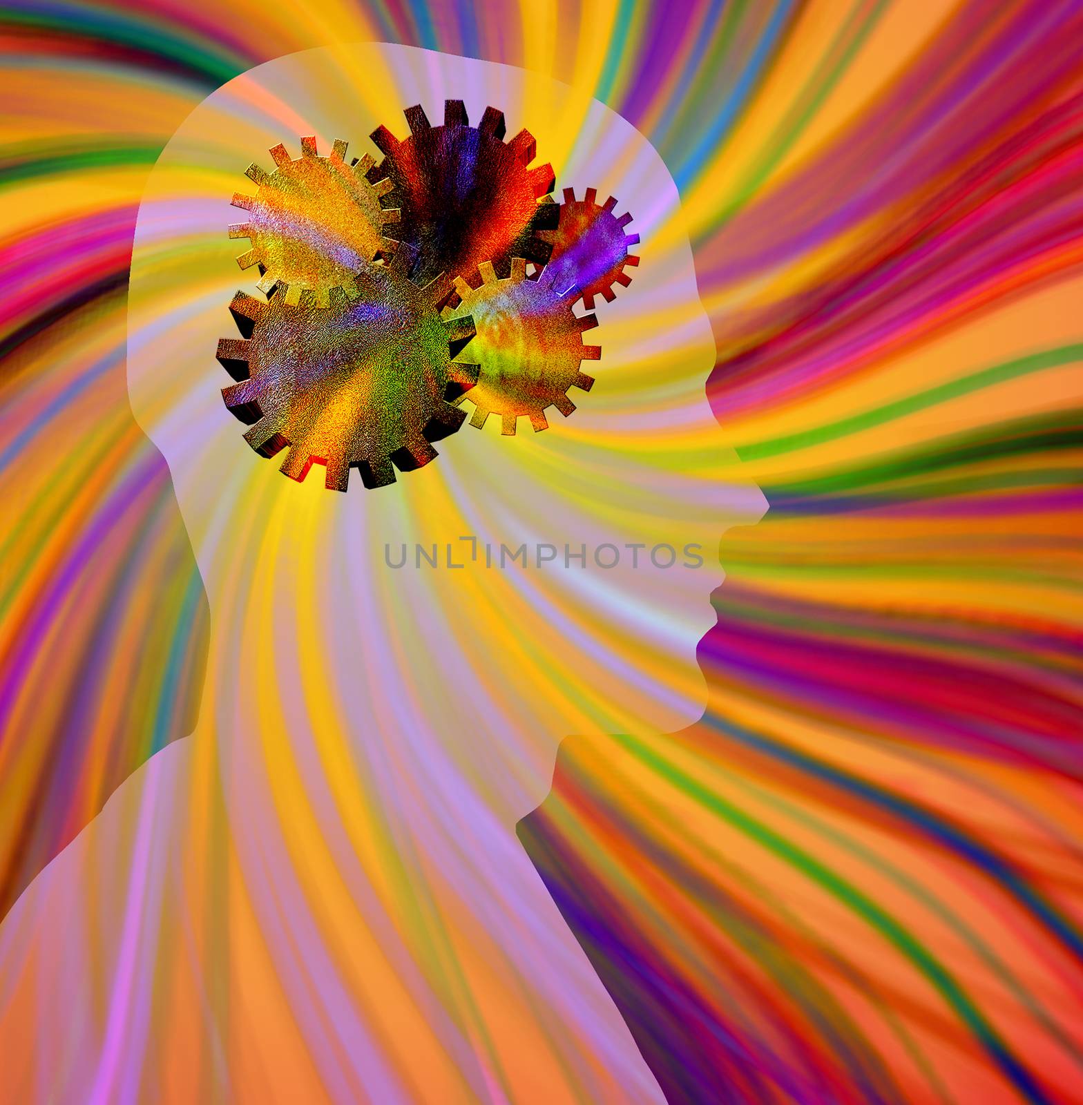Vivid mind. Colorful gears inside human head radiates rays of light