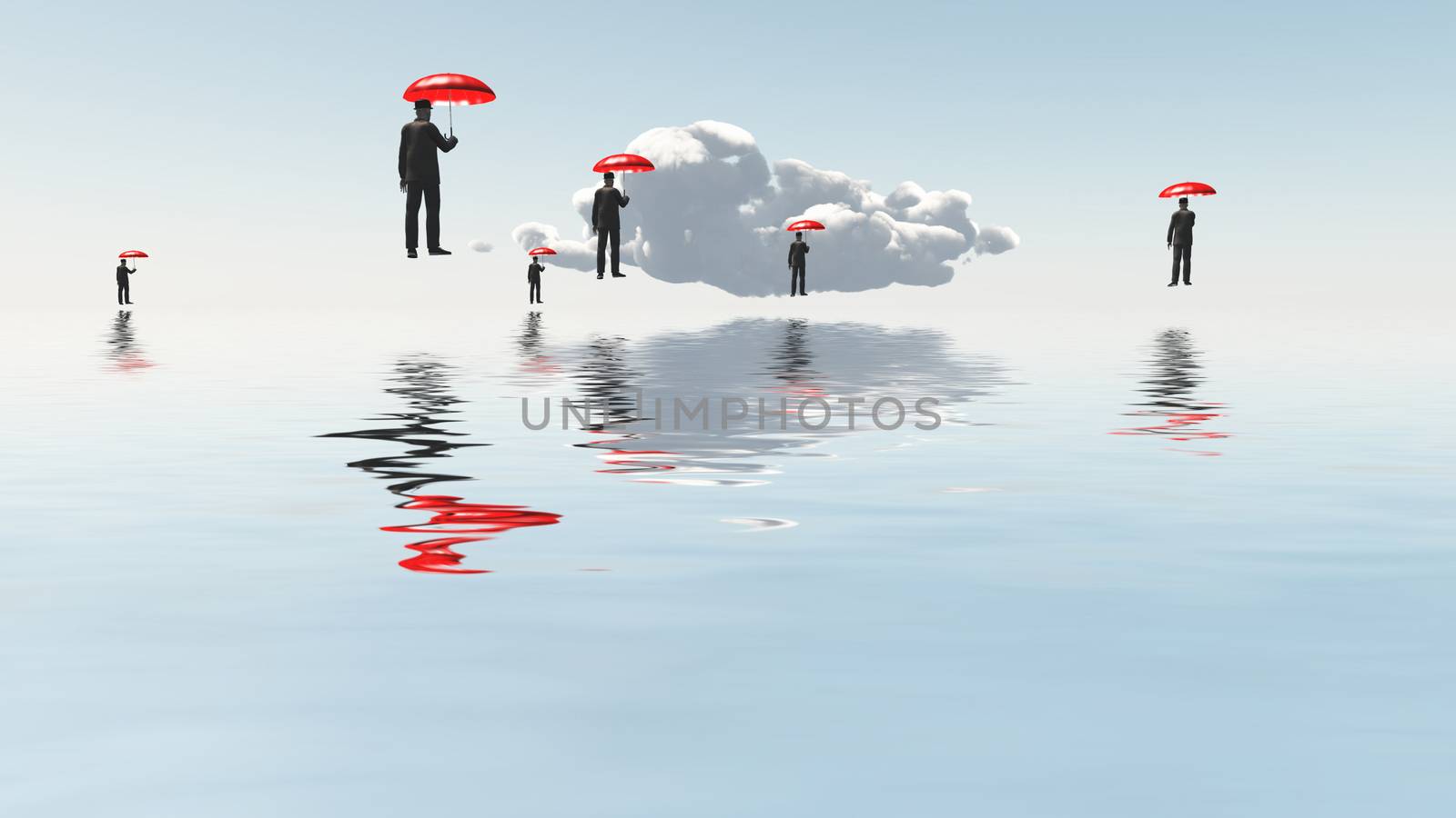 Men with red umbrellas floats above water surface
