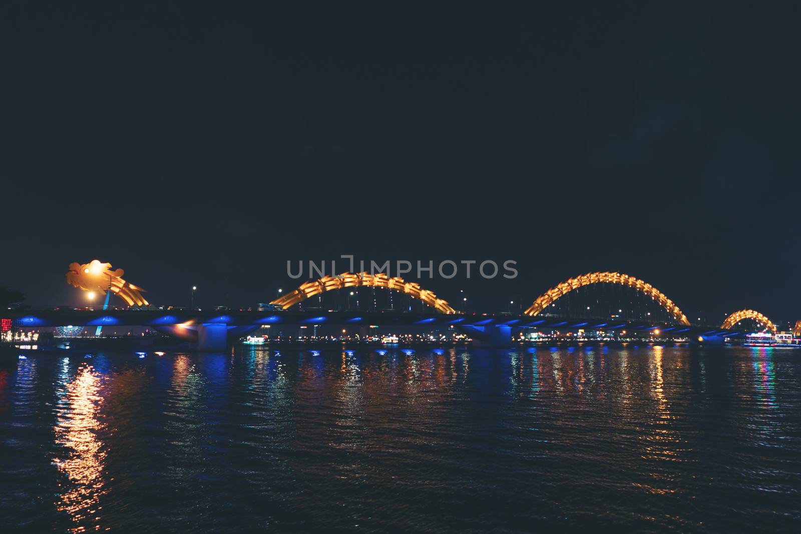 Dragon bridge night light in danang, vietnam 