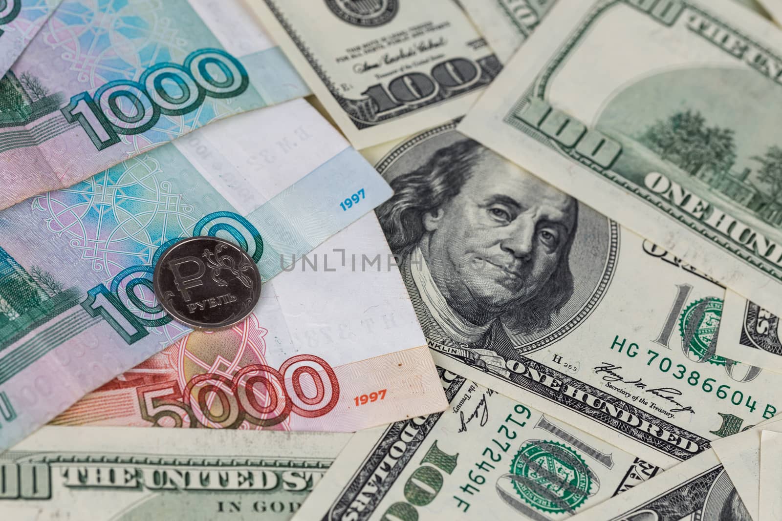 russian rubles and us dollars close-up background with selective focus and blur