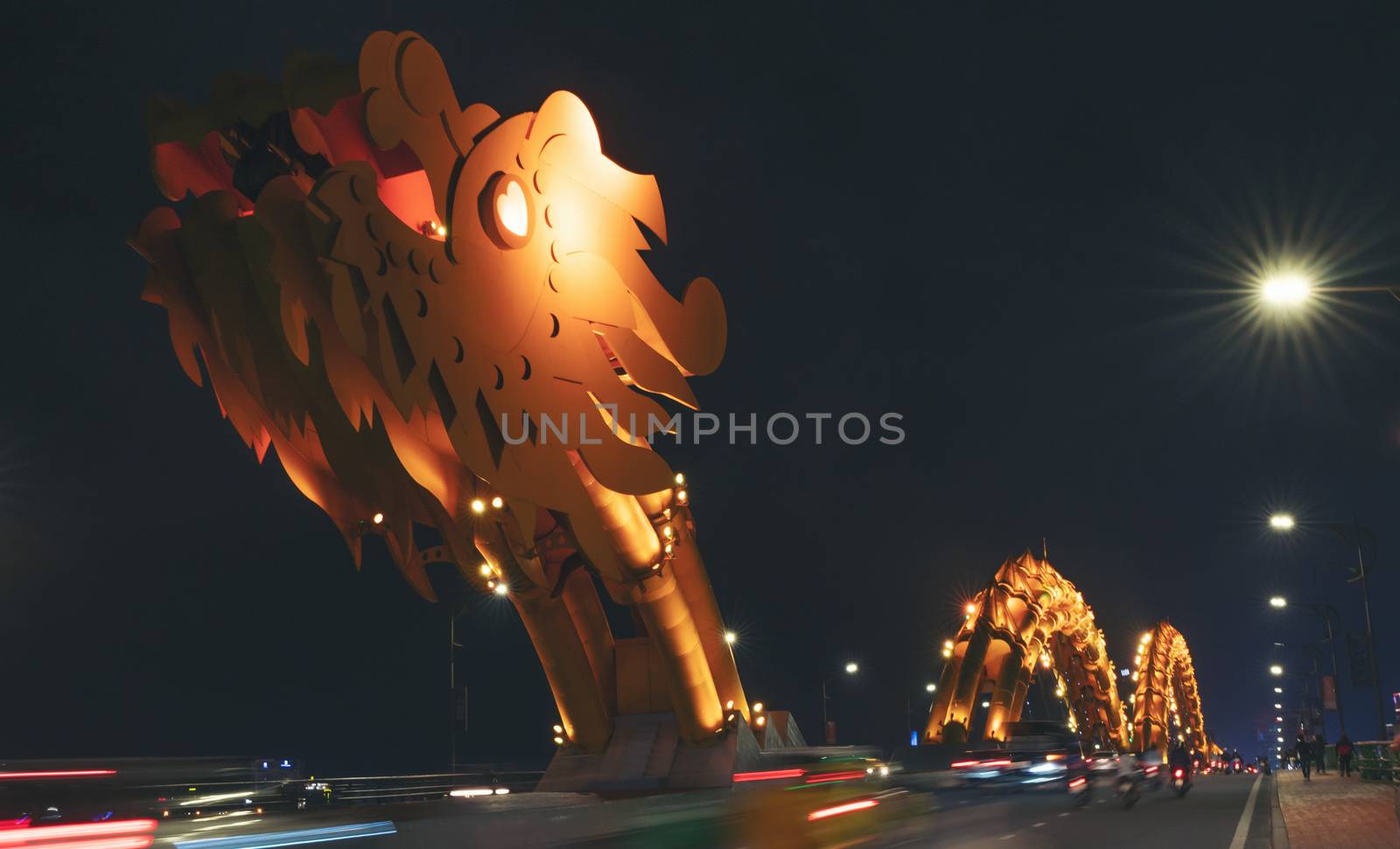 Dragon bridge night light in danang, vietnam 