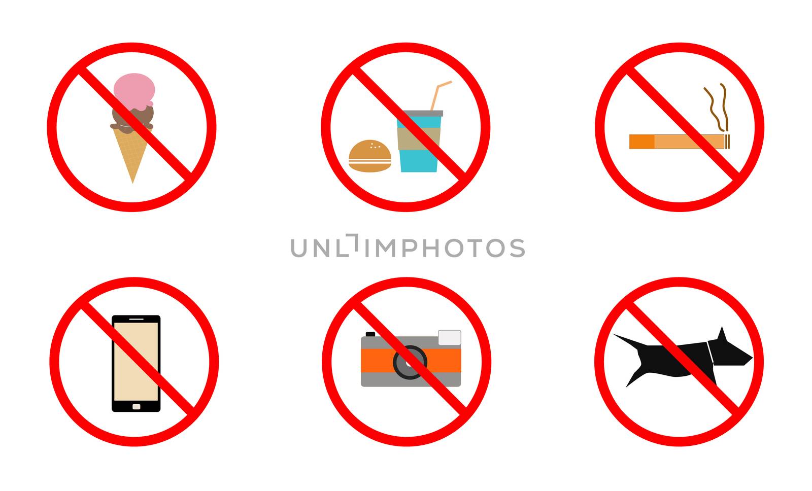 No smoking, No cell phone, No dogs and No eating prohibited signs isolated on white background, Signs forbidding different actions in various places. Signs are located on a white background. Vector.