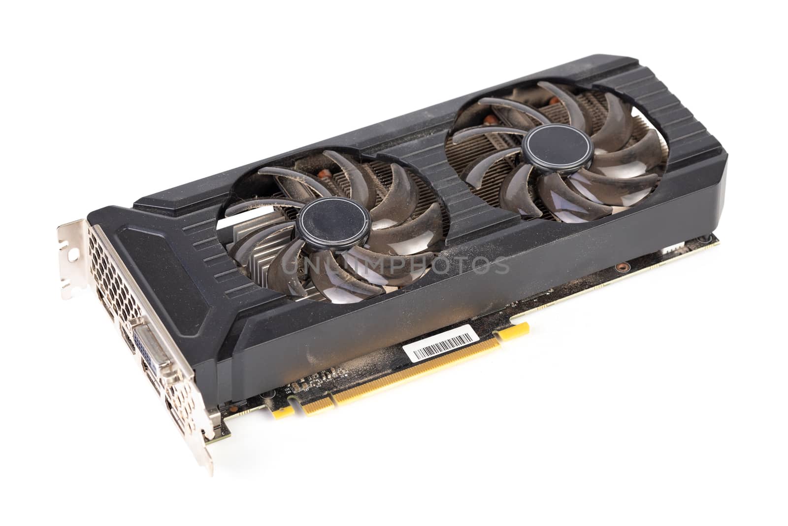 Used and dusty black PC video card isolated on white background.