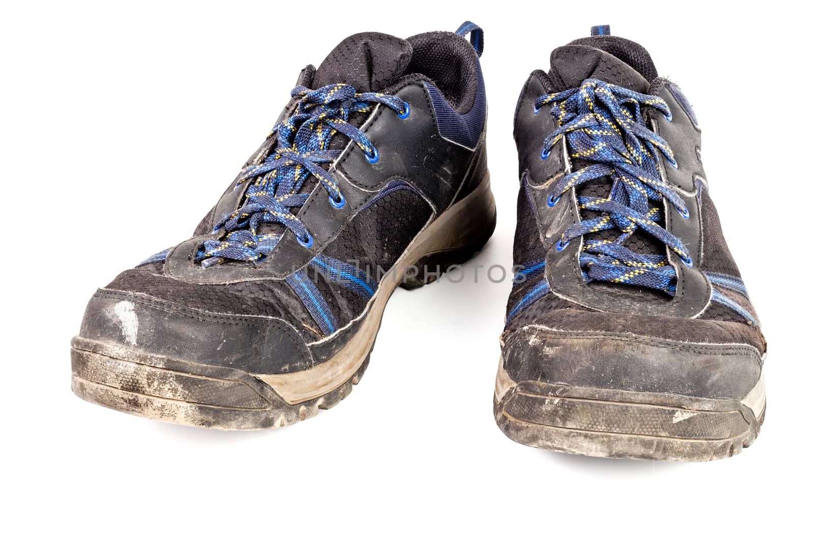 dirty used worn out black and blue outdoor empty clean lightweight waterproof sneakers isolated on white background