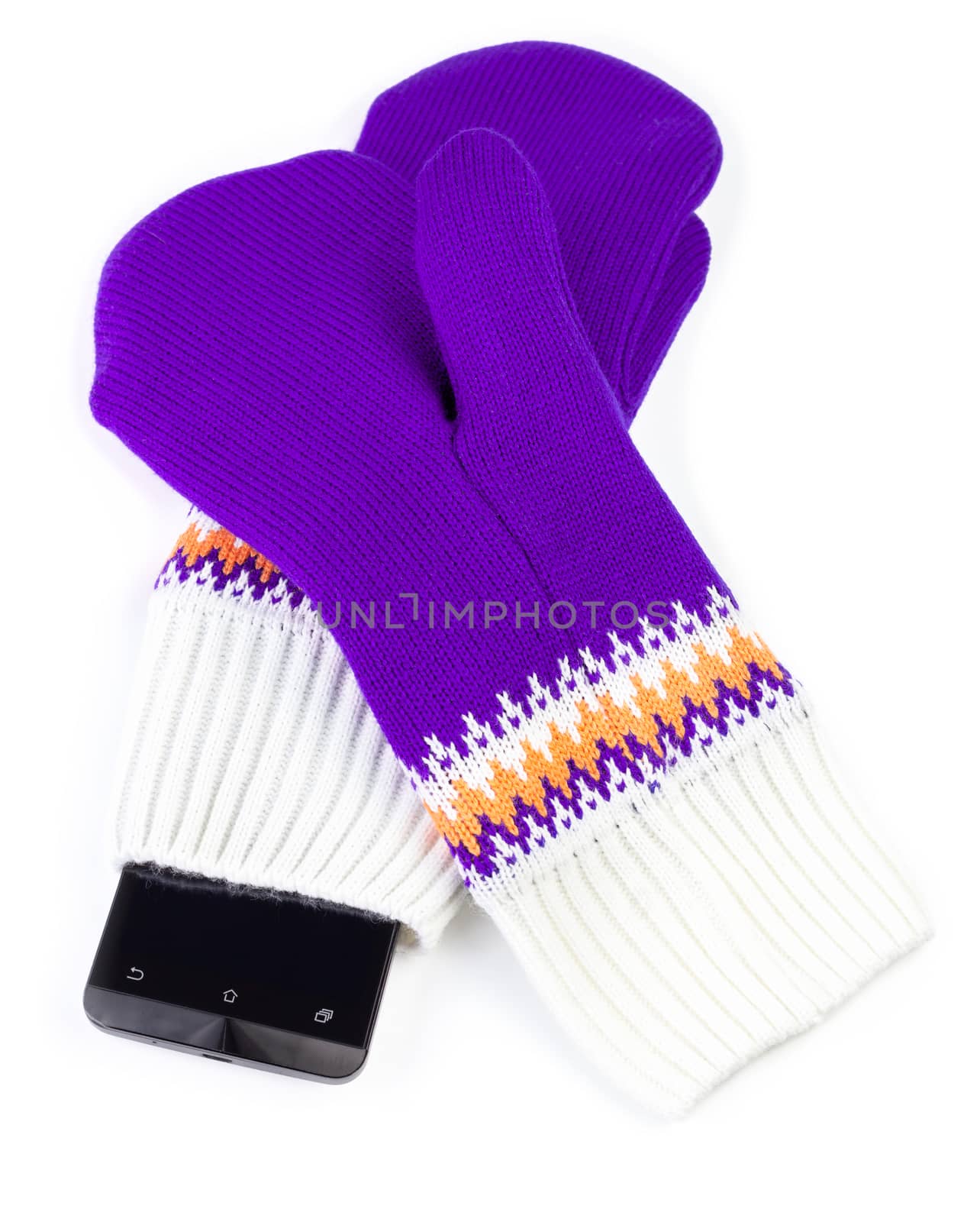 purple and white knited mittens with cellphone isolated on white background.