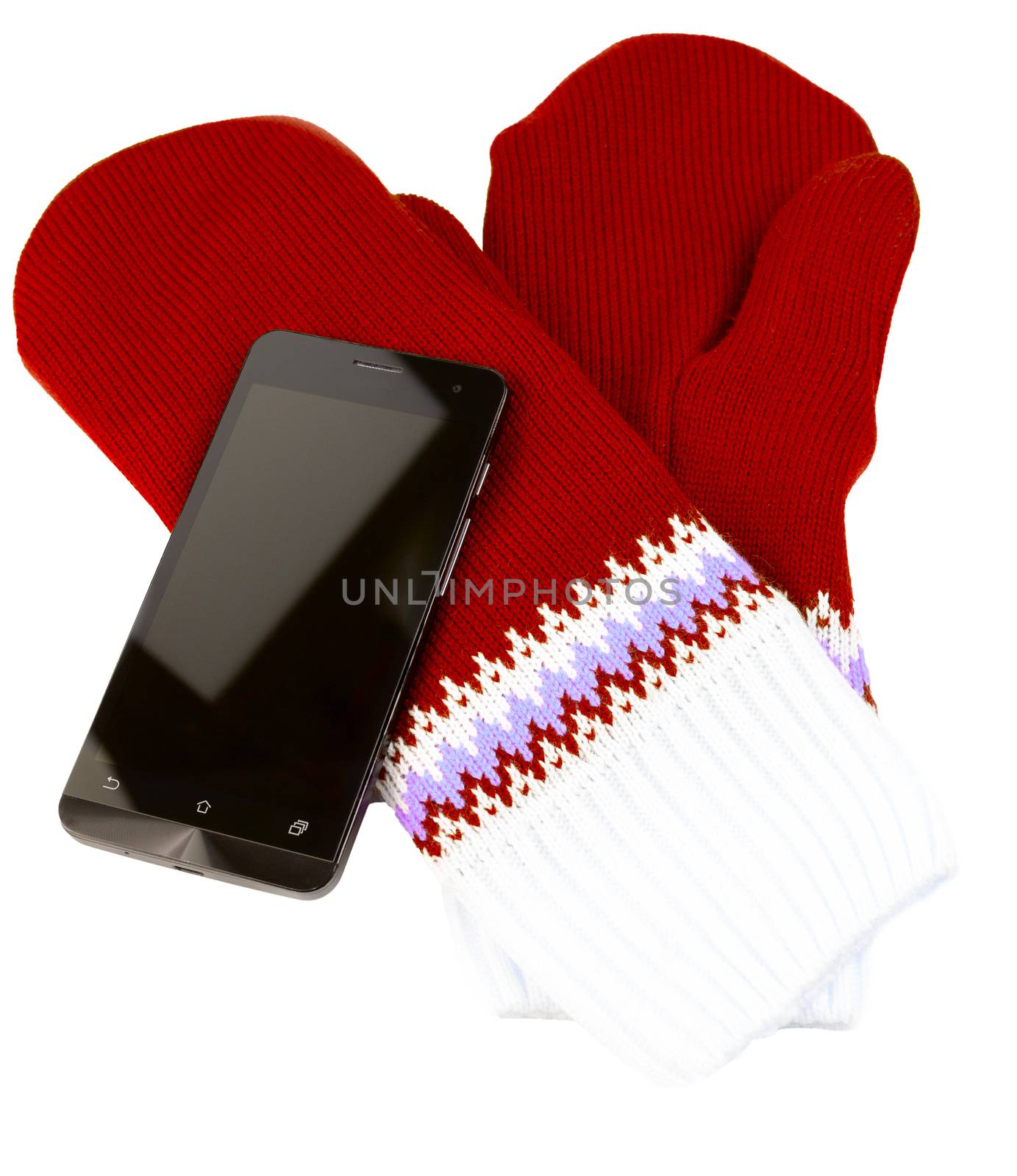 red and white knited mittens with cellphone isolated on white background.