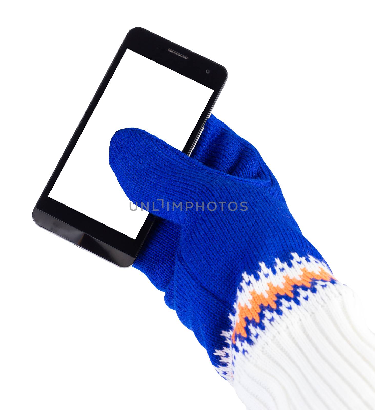 cellphone with white-blue mittens isolated on white background by z1b