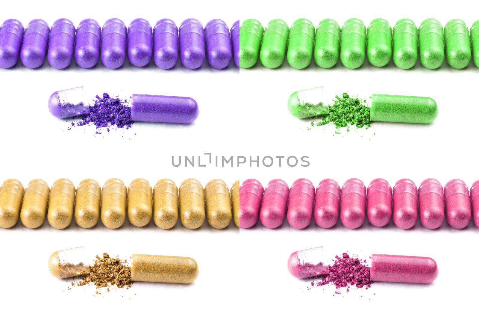 set of colored olor organic capsules isolated on white background closeup with one opened.