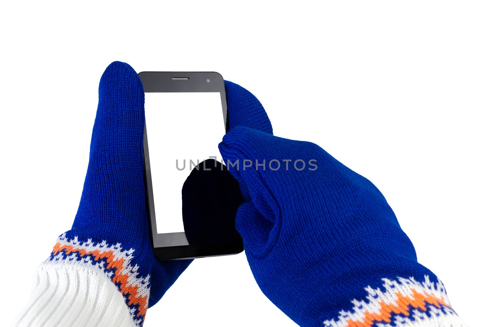 cellphone with white-blue mittens isolated on white background.