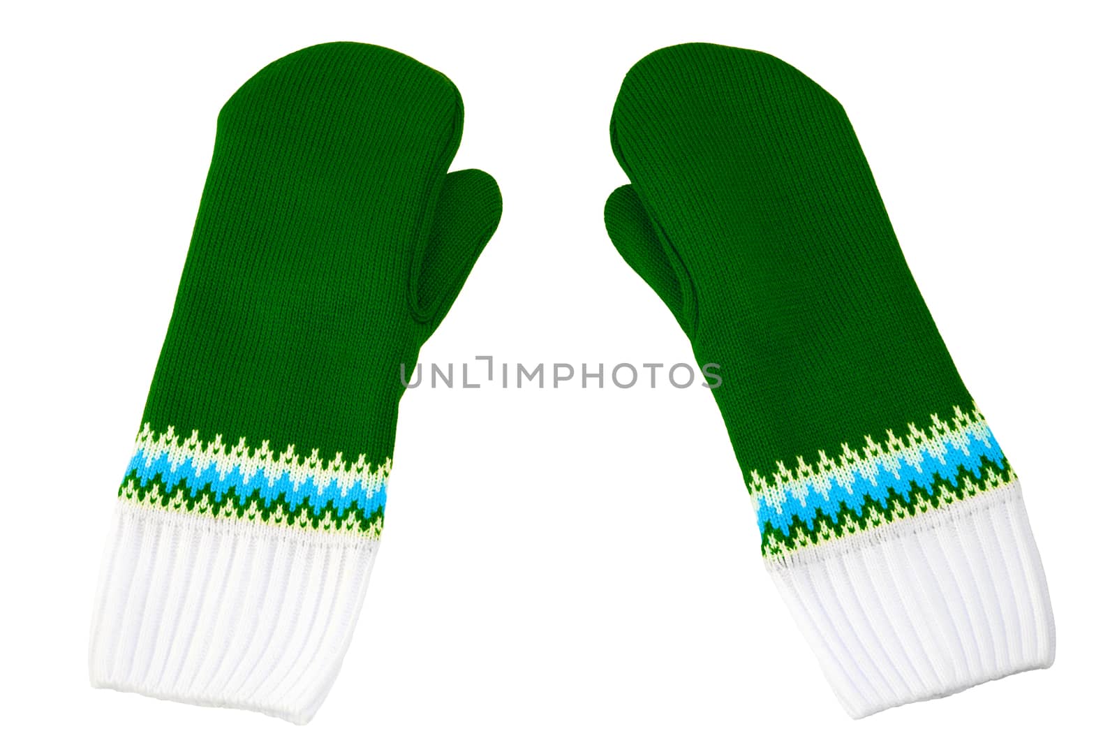 green and white knited mittens isolated on white background.
