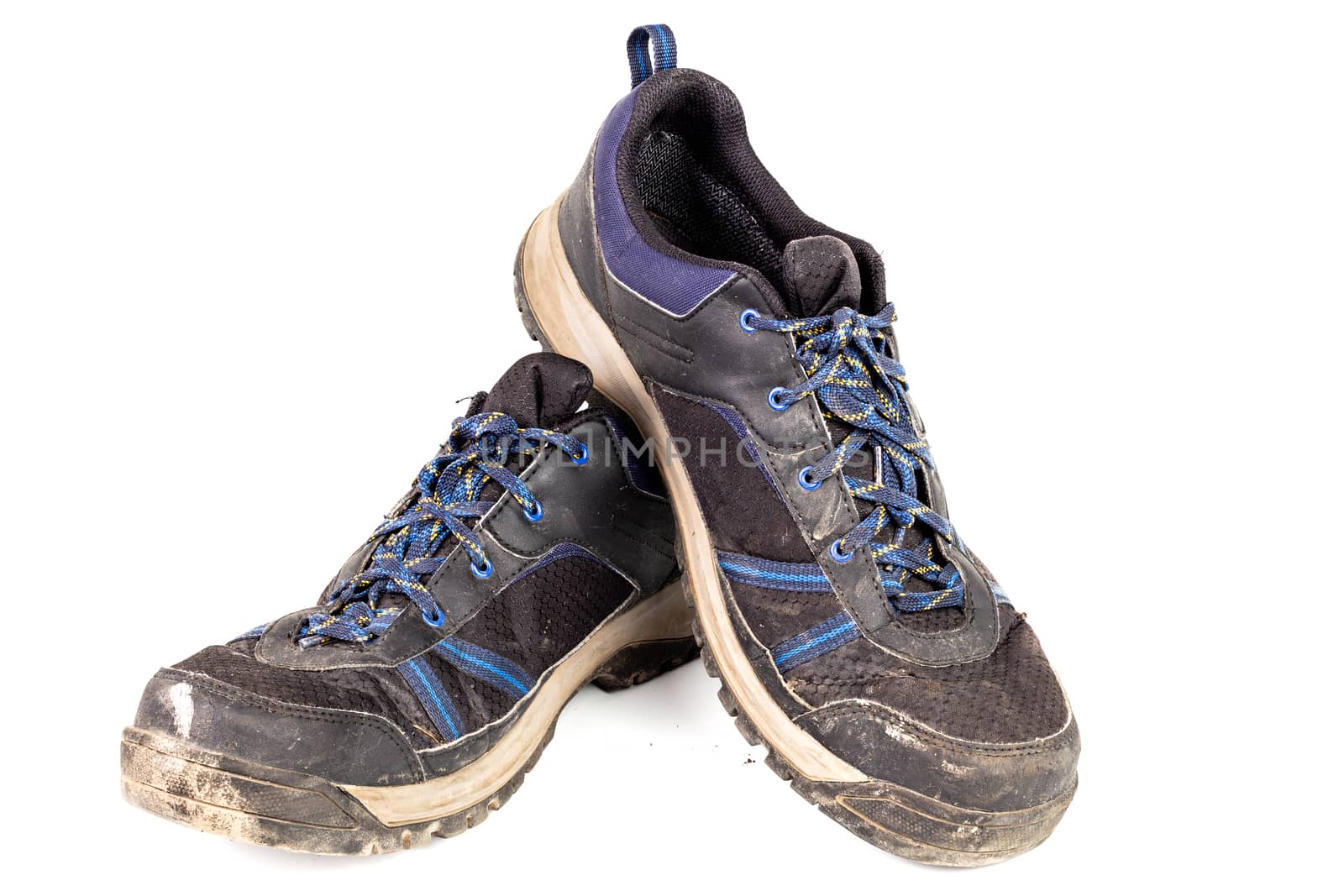 dirty used worn out black and blue outdoor empty clean lightweight waterproof sneakers isolated on white background