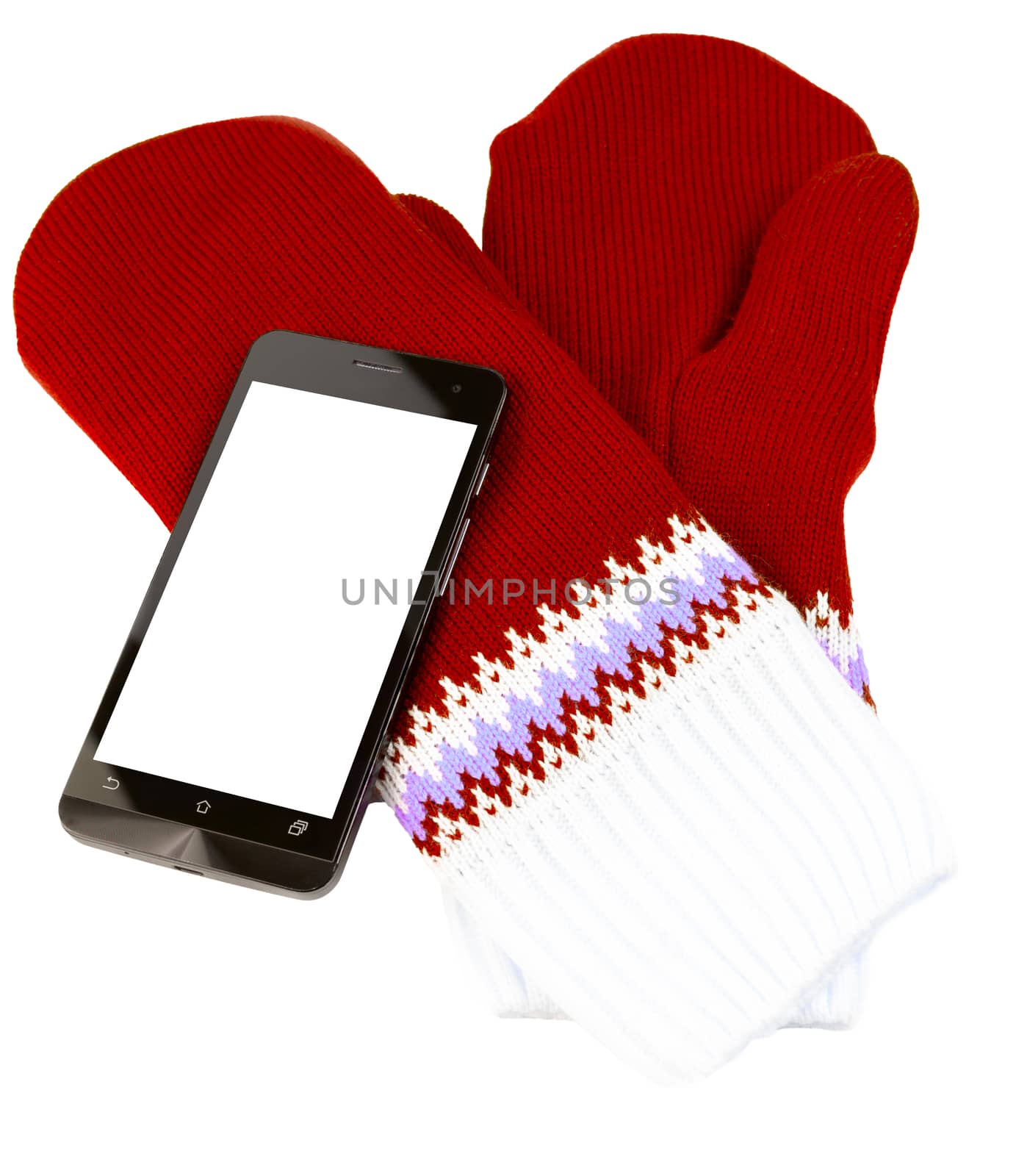 red and white knited mittens with cellphone isolated on white background.