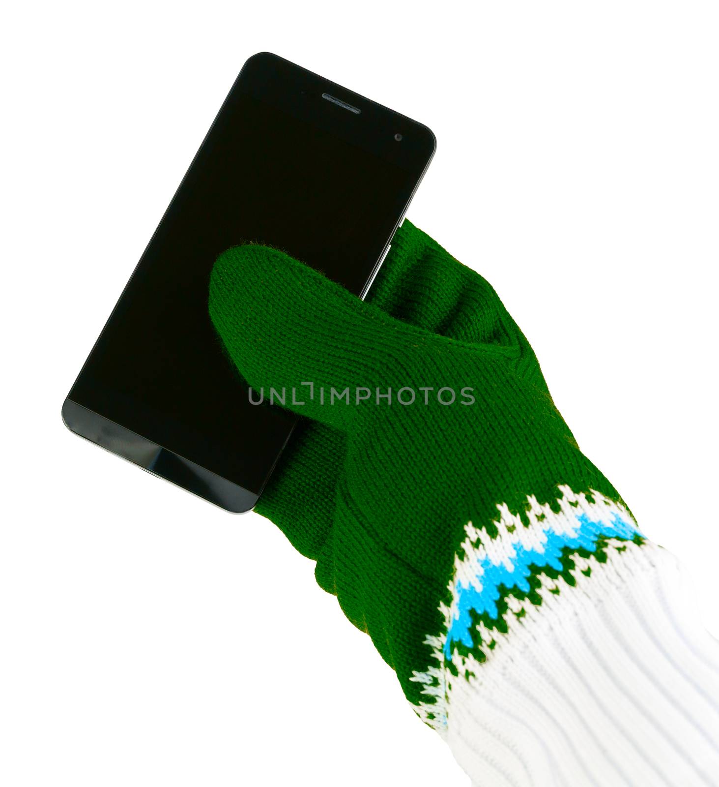 cellphone with white-green mittens isolated on white background by z1b