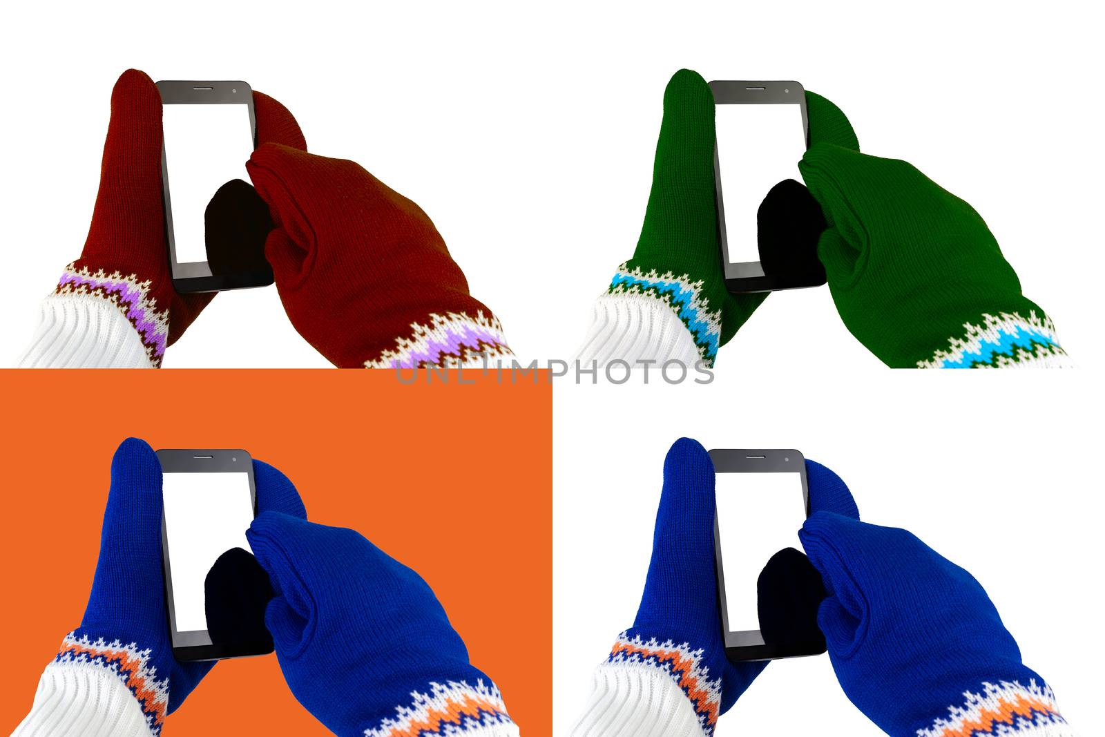 set of cellphone with color variety mittens isolated on white background by z1b