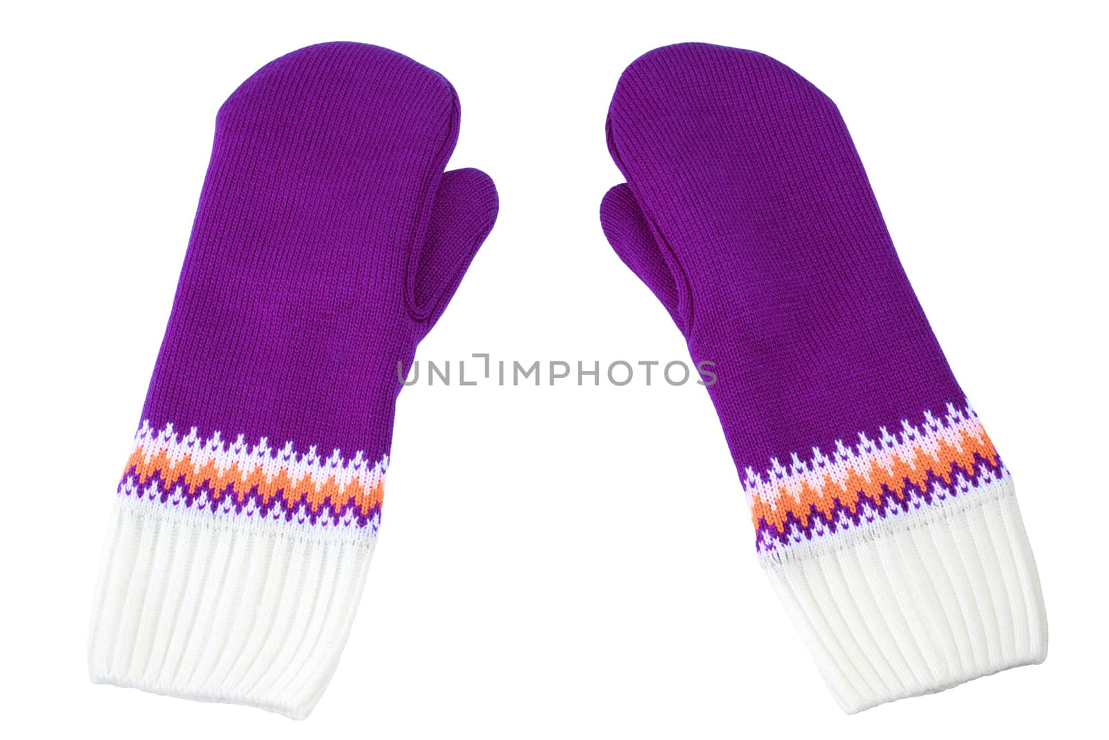 purple and white knited mittens isolated on white background.