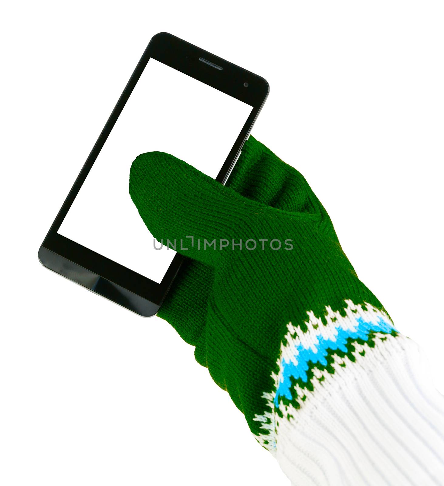 cellphone with white-green mittens isolated on white background by z1b