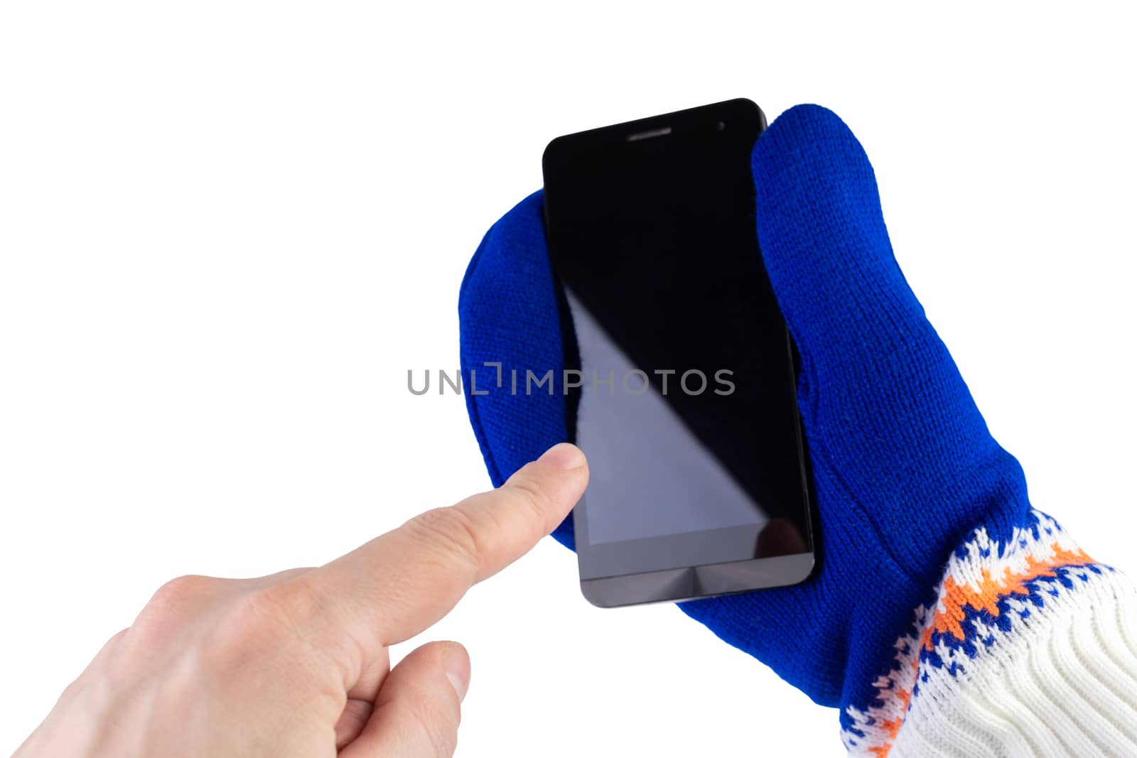 finger aiming at cellphone with white-blue mittens isolated on white background with selective focus.