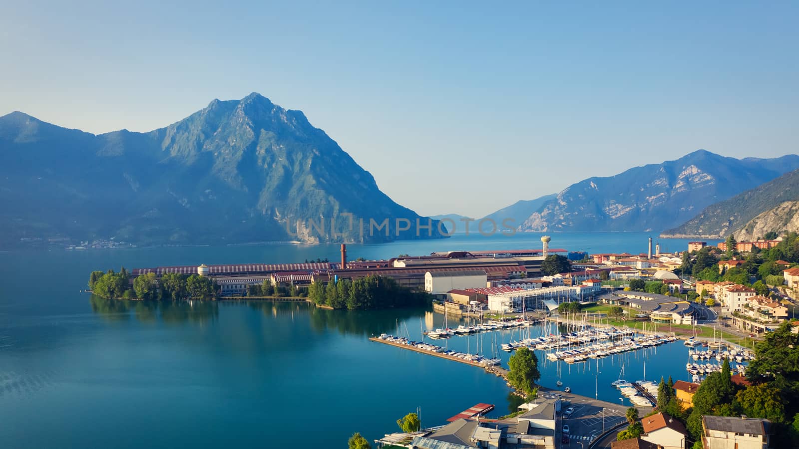 Aerial view of Lake Iseo , on the right the port of lovere,background mountains(alps), Bergamo Italy.