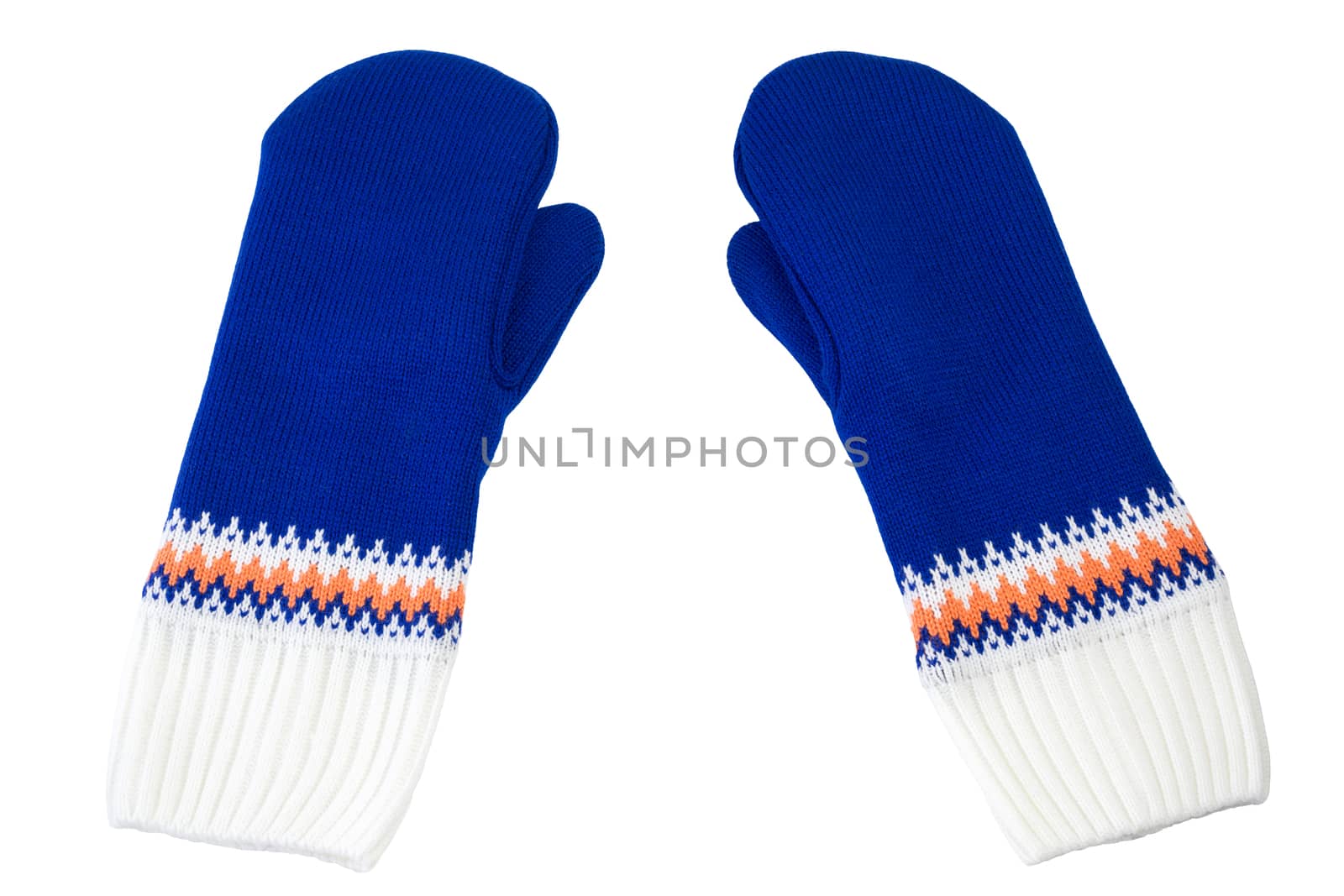 blue and white knited mittens isolated on white background.