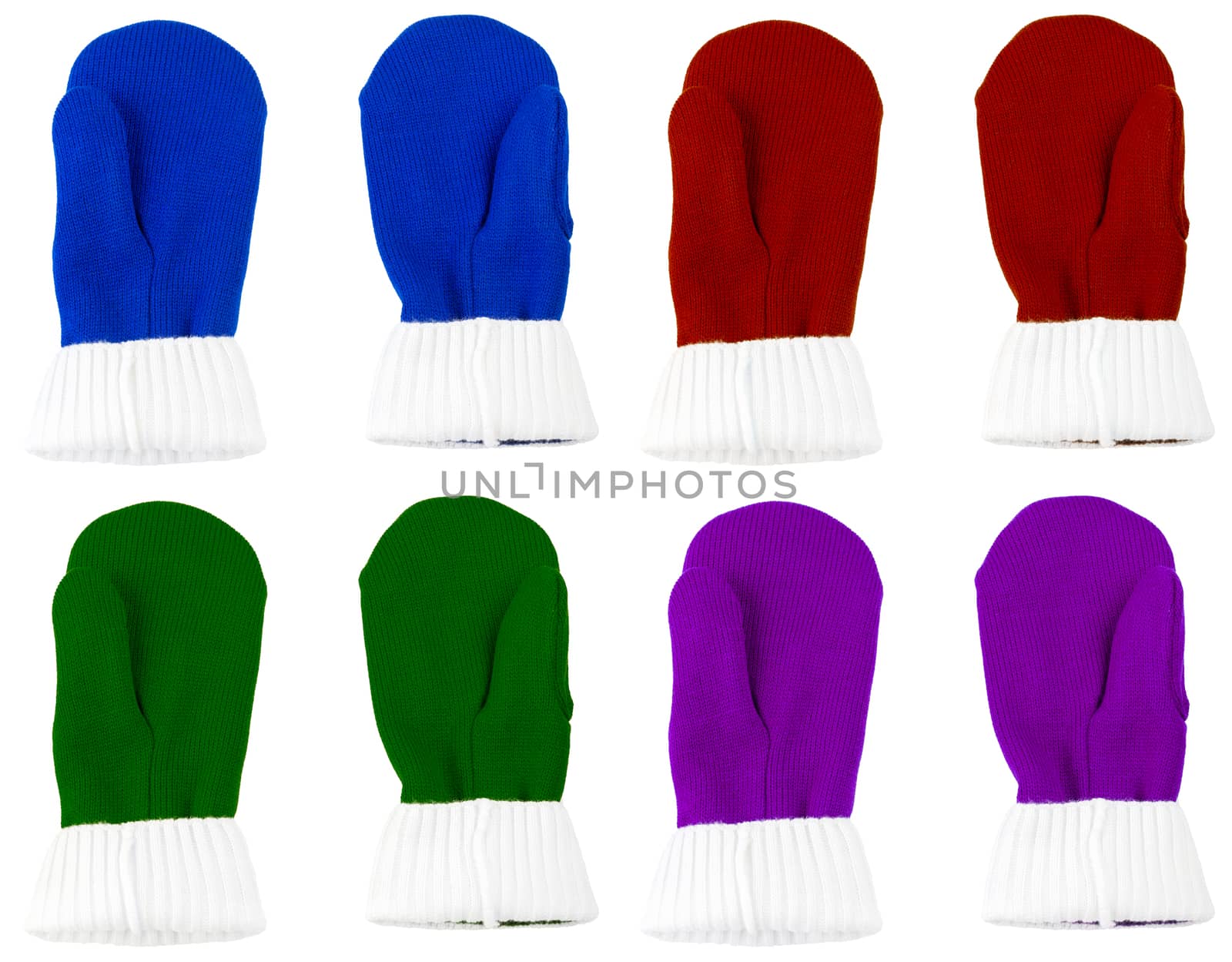 set of color knited mittens isolated on white background.
