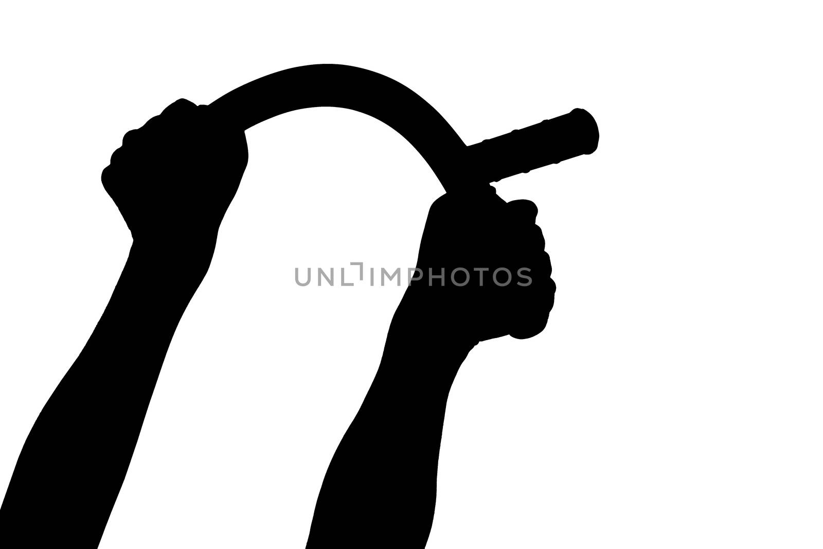 a black and white silhouette of two arms bending rubber police baton isolated on white background.
